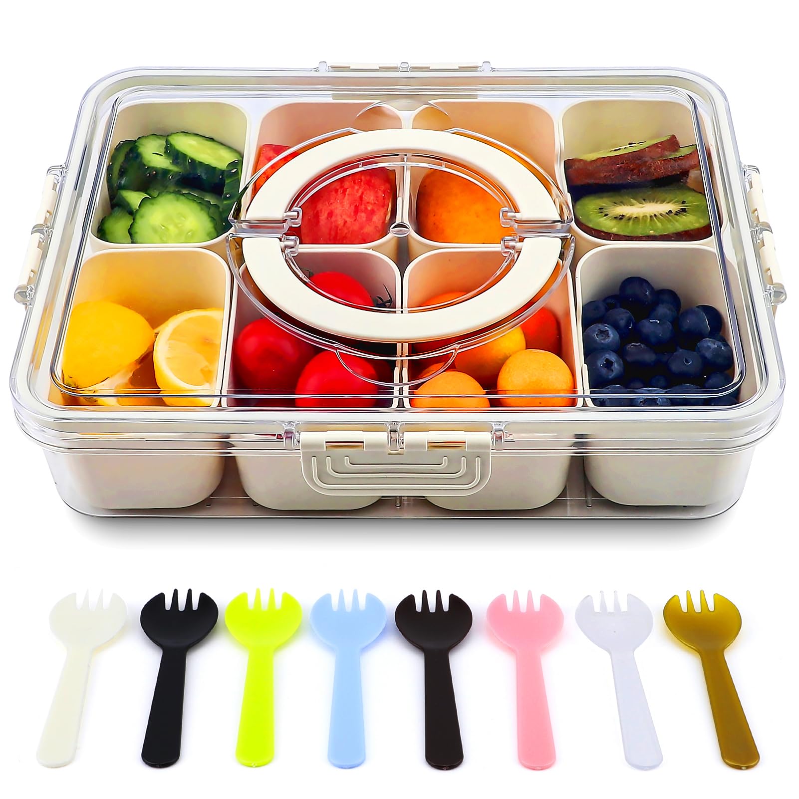 Divided Serving Tray with Lid - 8 Compartment Snackle Box with Forks | Portable Charcuterie Board for Parties, Picnics & Entertaining | Perfect for Fruits, Nuts, Candy & Snacks (1 Pack)