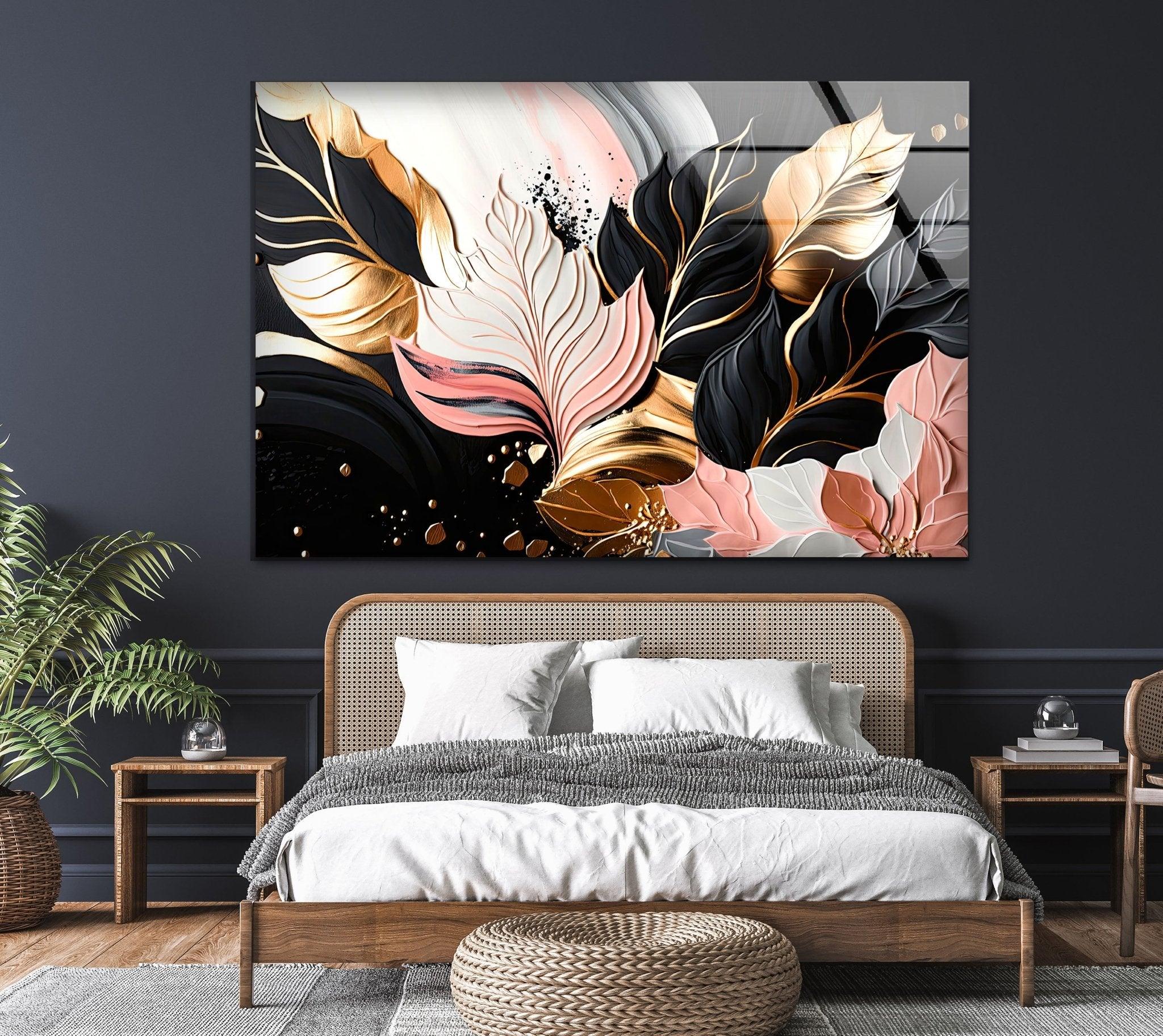 Abstract Pink Gold Leaf Glass Wall Art - Modern Home Decor for Living Room, Bedroom & Office - Elegant Handmade Artwork for Gifts & Interior Design