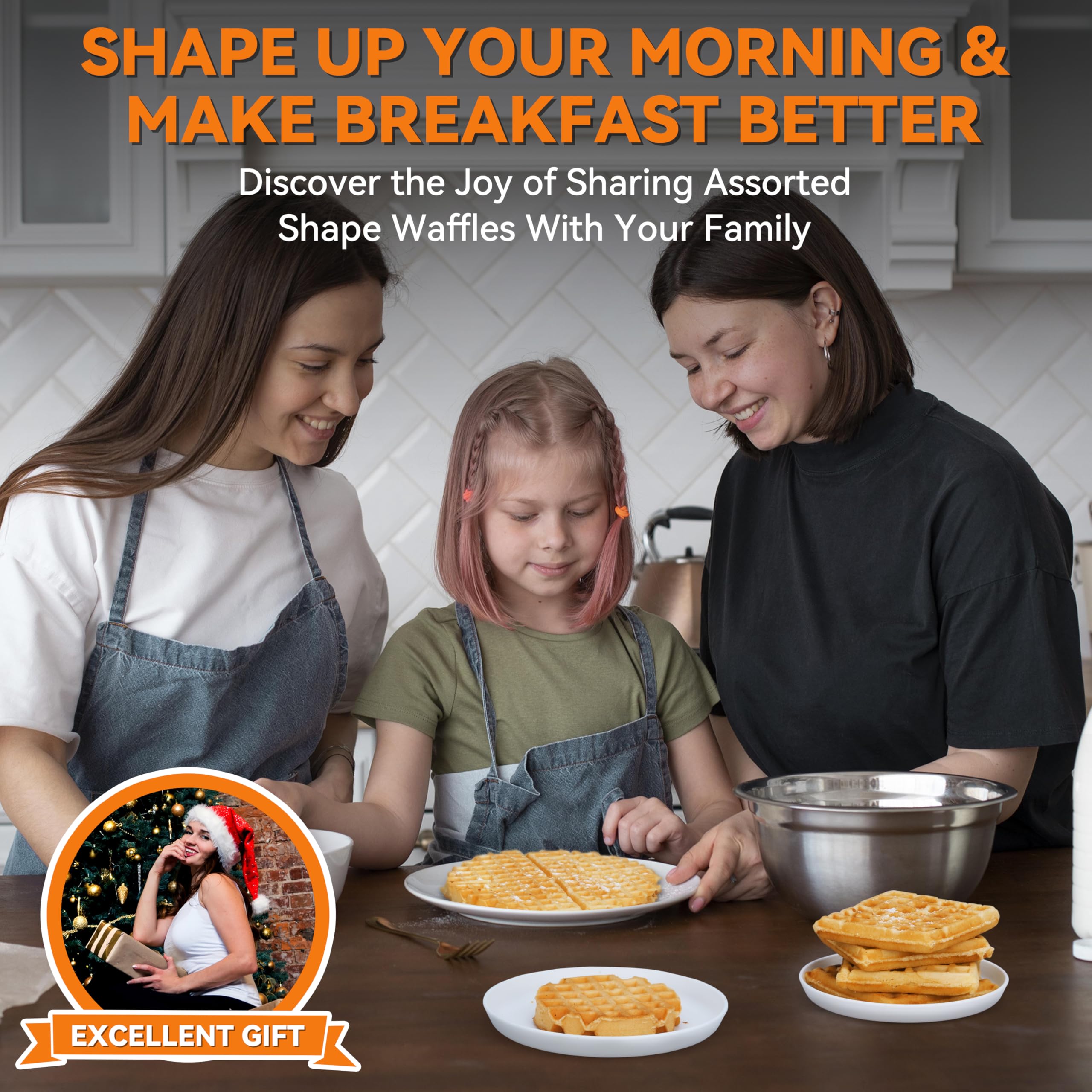 Baker's Friend Multi-Shape Waffle Maker - 4-in-1 Electric Waffle Iron for Mini, Classic American, Thick Belgian Waffles & Chaffles | Includes 2 Silicone Molds (Graphite) | Perfect for Breakfast, Brunch, Keto Diet & Family Gatherings