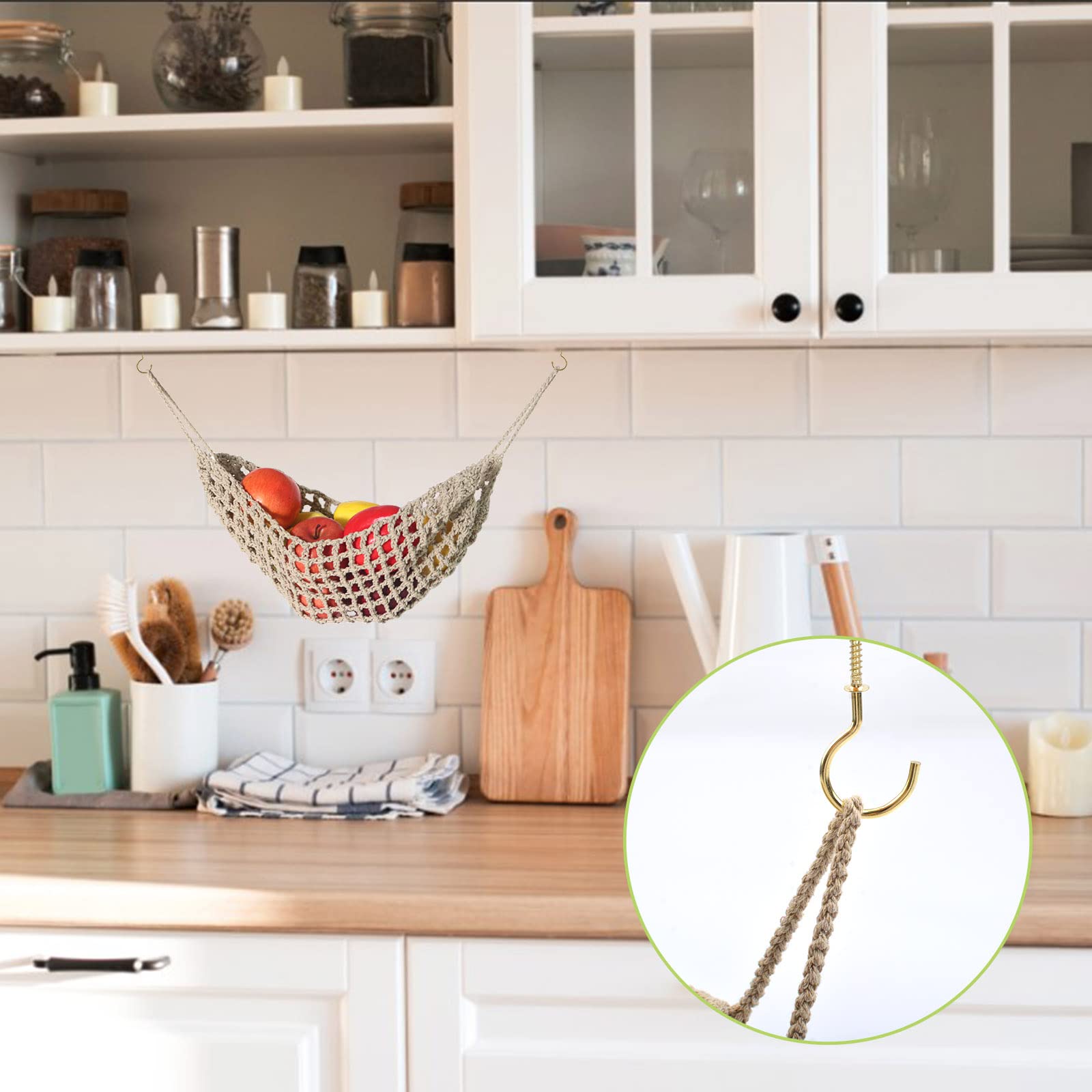 Handmade Macrame Cotton Fruit & Vegetable Hammock - Under Cabinet Storage Net with Hooks for Kitchen, Pantry - Space Saving Produce Organizer for Bananas, Apples, Onions | Perfect for Small Kitchens & Apartment Living