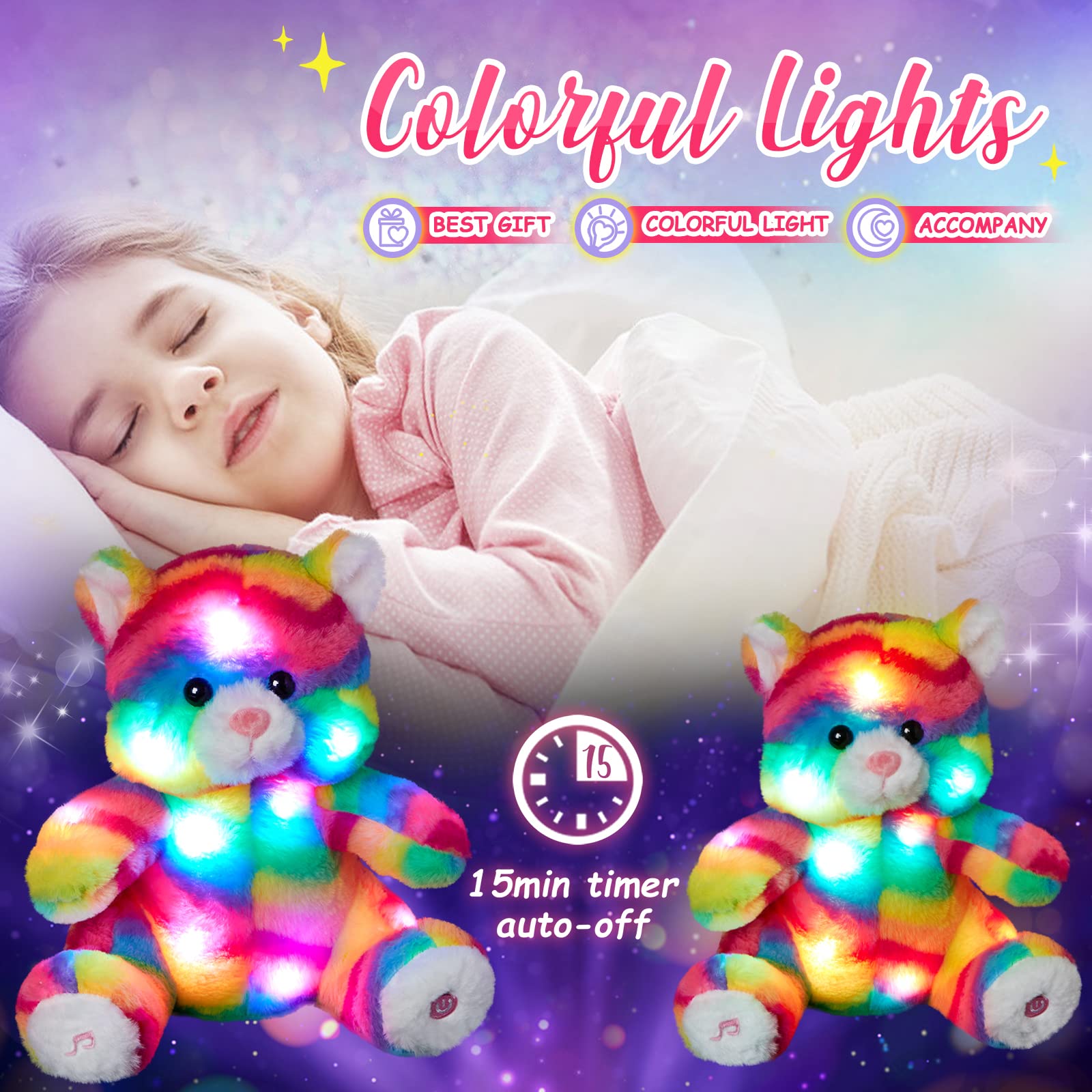 Glowing Rainbow Cat Stuffed Animal - LED Light Up Plush Toy with Night Light & Lullaby, Soft Cute Kitty Wildlife Decor for Kids Toddlers (11