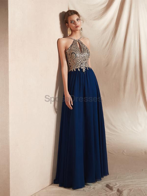 Elegant Navy Blue Gold Lace Beaded Chiffon Evening Gown - Formal Prom Dress for Women - Perfect for Homecoming, Ball, Wedding & Special Occasions