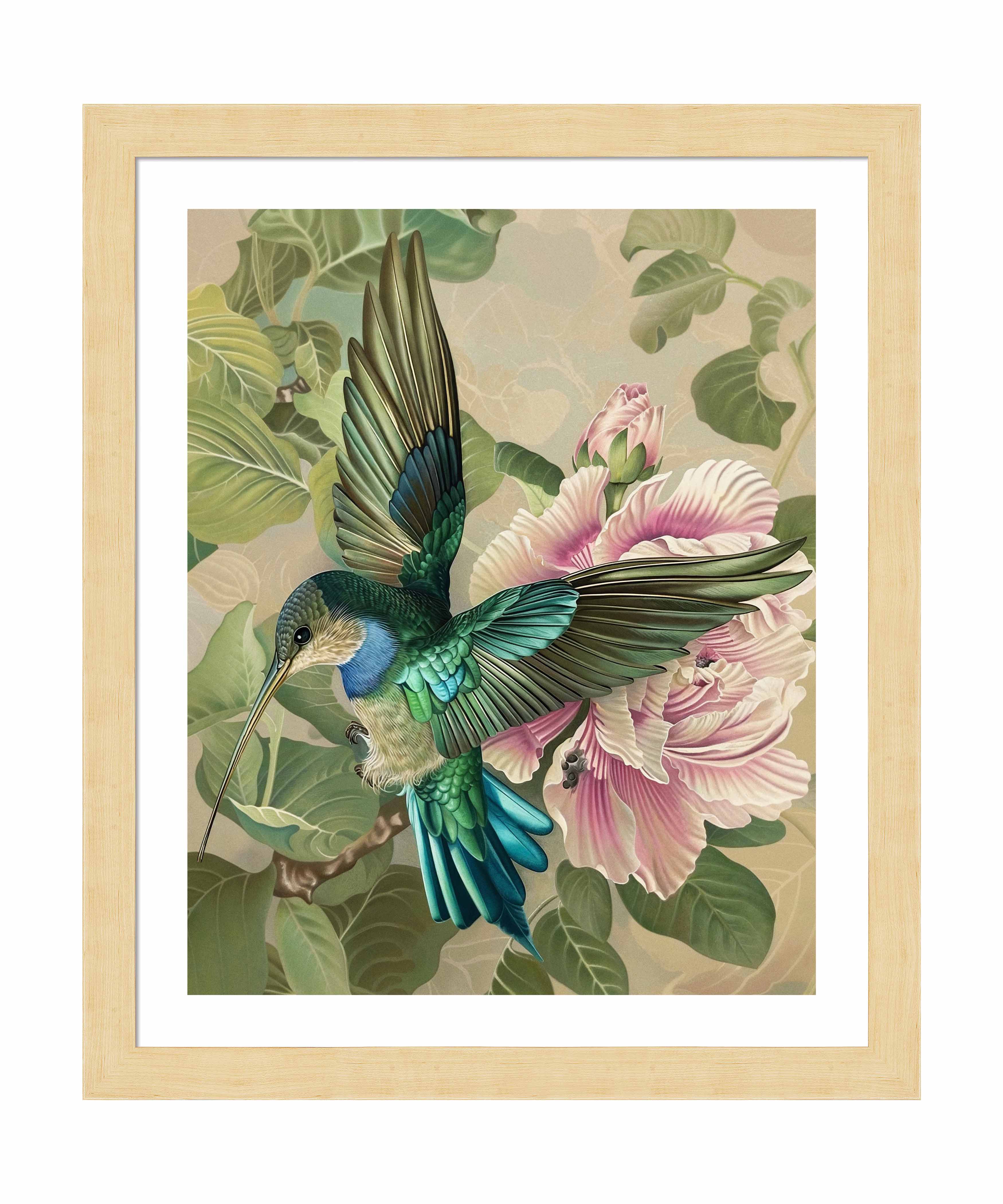 Emerald Flight Hummingbird Among Hibiscus Wall Art Print - Vibrant Tropical Home Decor for Living Room, Bedroom & Office