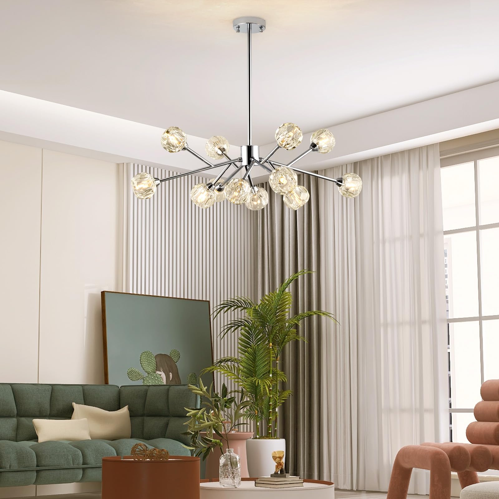 Modern Crystal Chandelier - 12-Light Chrome Fixture for Dining Room & Kitchen Island