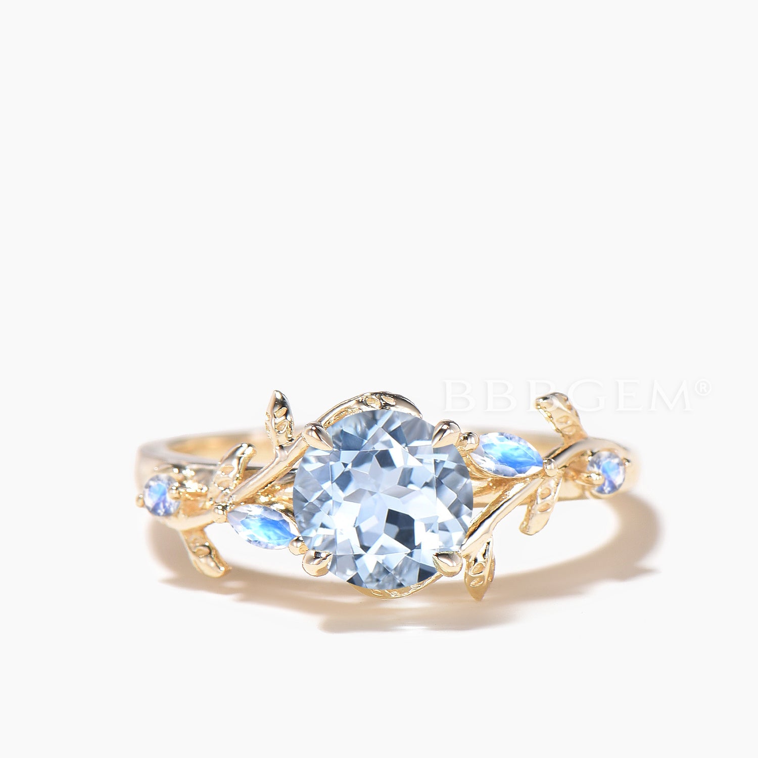 Natural Aquamarine & Moonstone Engagement Ring - Nature Inspired Leaf Design for Women, Perfect for Weddings, Proposals & Special Occasions