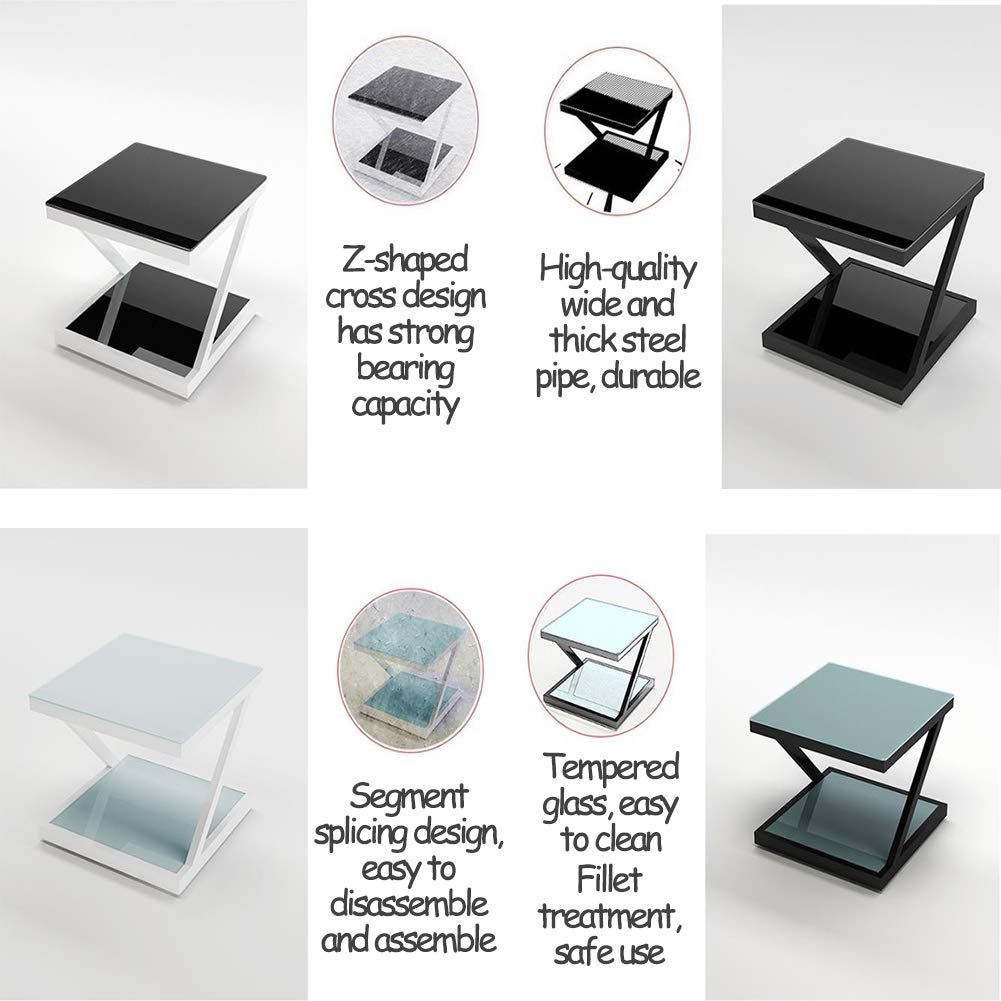 Modern Z-Shape Sofa Side Table with Tempered Glass Top & Stainless Steel Frame - Stylish Nightstand with Storage Shelf for Bedroom, Living Room, Balcony | Perfect for Holding Drinks, Books & Decor in Small Spaces