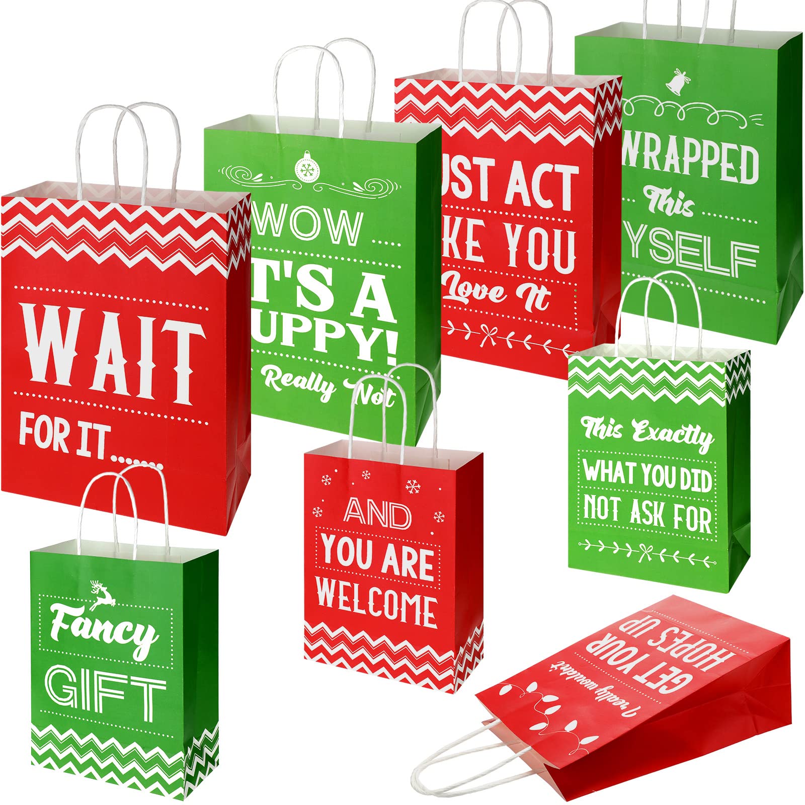 8 Pack Christmas Funny Gift Bags - Green & Red Snowflake Reindeer Design, Reusable Paper Holiday Present Pouches for Xmas, Weddings, Birthday Parties (Medium & Large Size) - Perfect for Holiday Treats, Party Favors & Festive Gift Giving