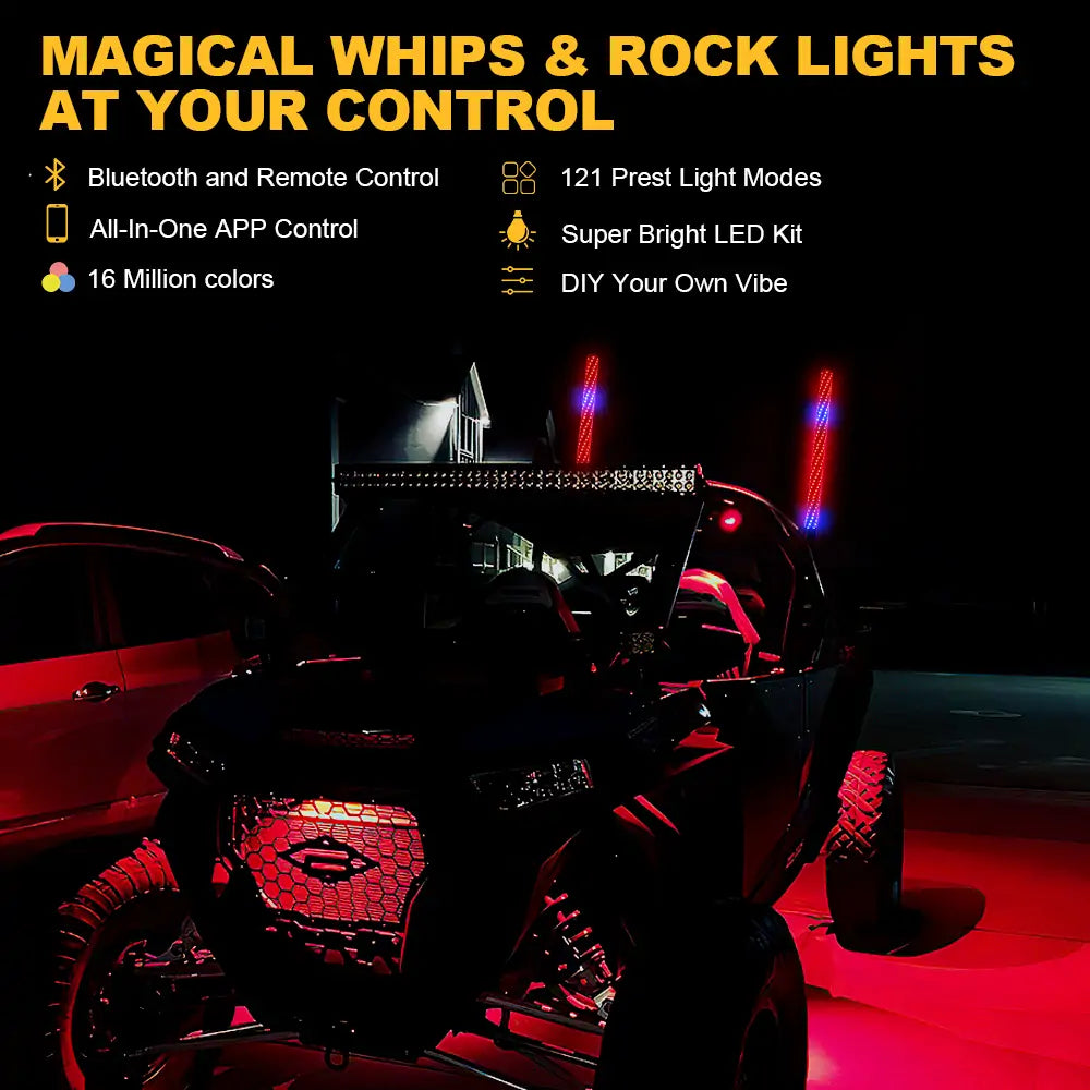 LOYO 2Pcs 24-Inch LED Whip Lights & 4 Pod Rock Lights Kit - Bluetooth & Remote Control for Off-Road Trucks, ATVs, UTVs - Waterproof Underglow Lighting for Night Riding, Car Shows, Trail Adventures