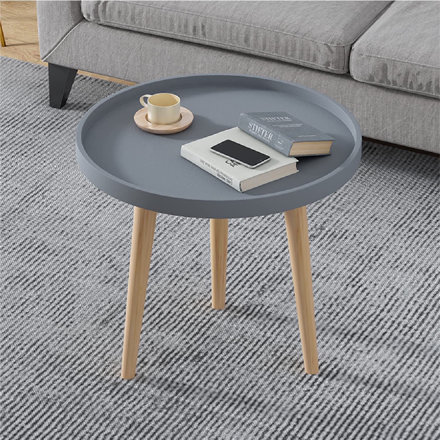 N&V 20 Inch Modern Minimalist Side Table - Grey End Table for Living Room, Bedroom & Office - Sturdy Coffee Table with Storage Shelf - Perfect for Small Spaces, Nightstand or Sofa Side Table