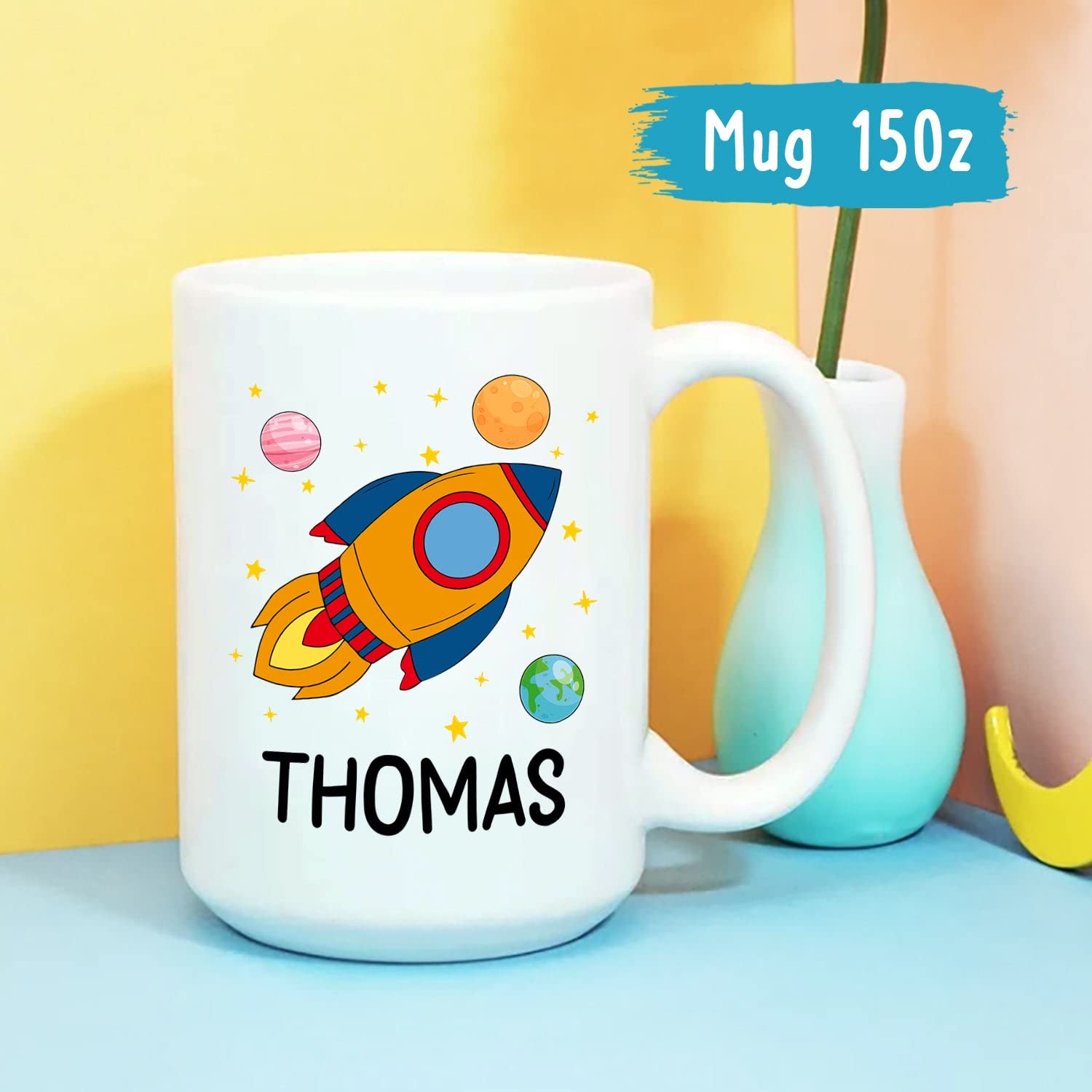 Personalized Kids Coffee Mug with Name - Custom Rocket Ship Design for Hot Chocolate & Drinks - 11oz & 15oz Ceramic White Mugs - Perfect Birthday Gift for Boys & Girls - Great for School, Home & Travel Use