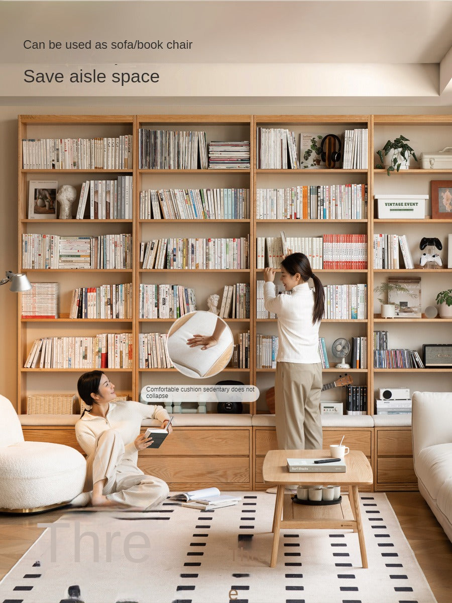 Solid Oak Wood Wall-to-Wall Bookshelf with Built-in Seat - Perfect for Home Library, Study Room & Living Room Storage