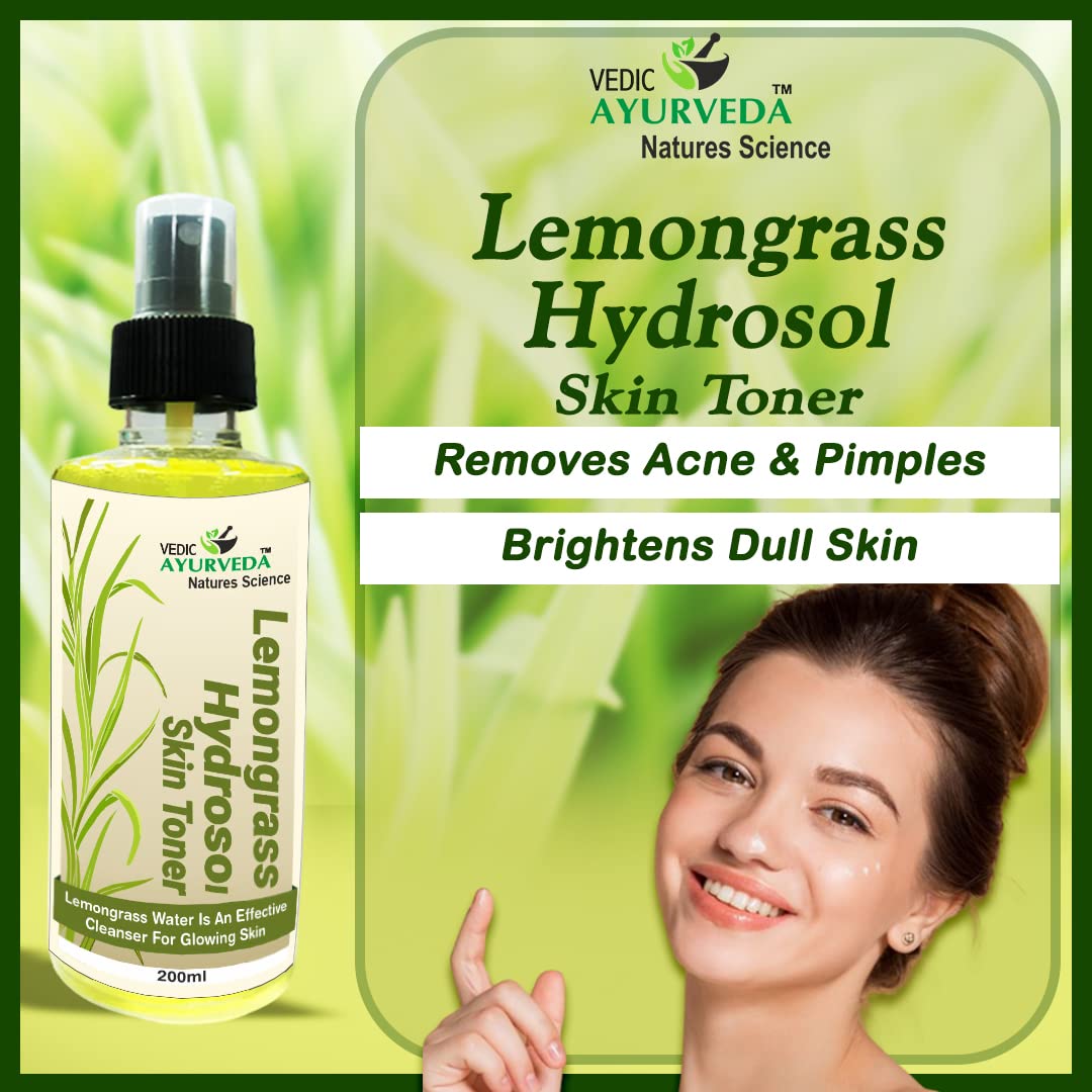 VEDICAYURVEDA Lemongrass Hydrosol Facial Toner - 200ml Natural Skin Care for Acne & Pimple Control, Oil Balancing, Pore Minimizing for Men & Women | Perfect for Daily Skincare Routine & Post-Shave Soothing