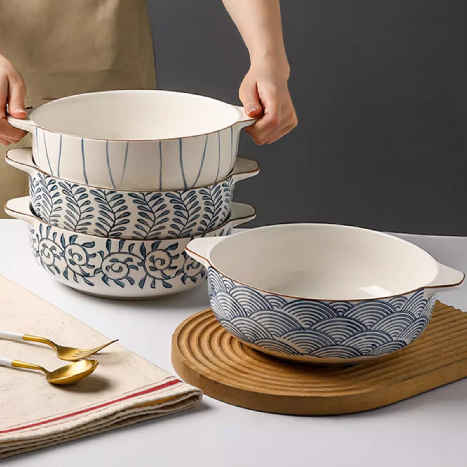Chinese Ceramic Double Ear Soup Bowl - Large Wave Design Salad & Noodle Bowl Set, Durable Kitchen Tableware for Lamian, Soup & Rice (Color A) - Perfect for Home Dining, Restaurant Use & Asian Cuisine