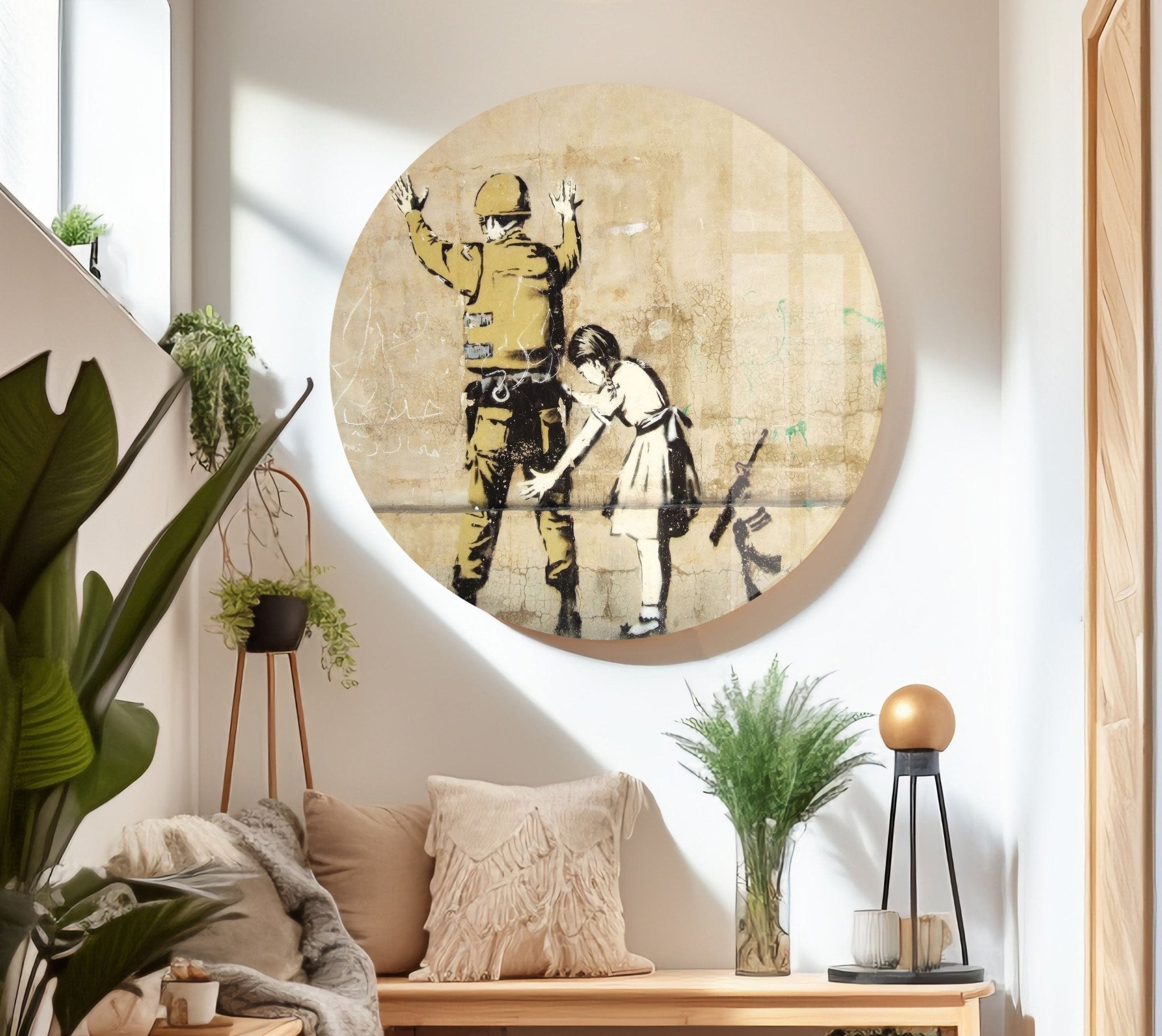 Banksy Girl Frisking Soldier Glass Wall Art - Stunning Home Decor for Living Room, Office & Gifts | Modern Framed Glass Print