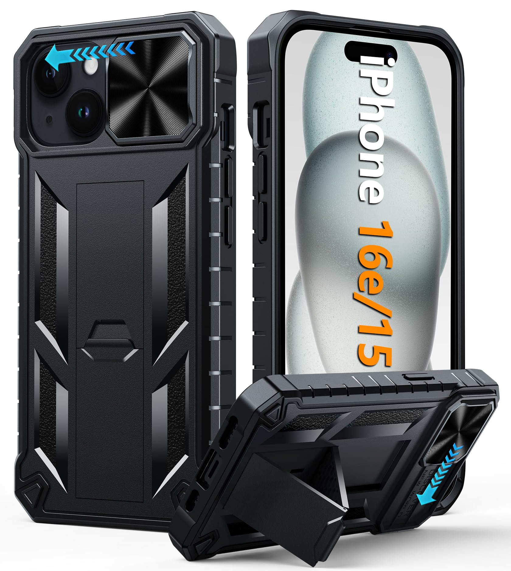 FNTCASE Military Grade Shockproof iPhone 15 Case with Kickstand - Heavy Duty Rugged Protective Cover for iPhone 15 | Anti-Slip Textured Bumper | Perfect for Outdoor Activities, Construction Work & Extreme Sports