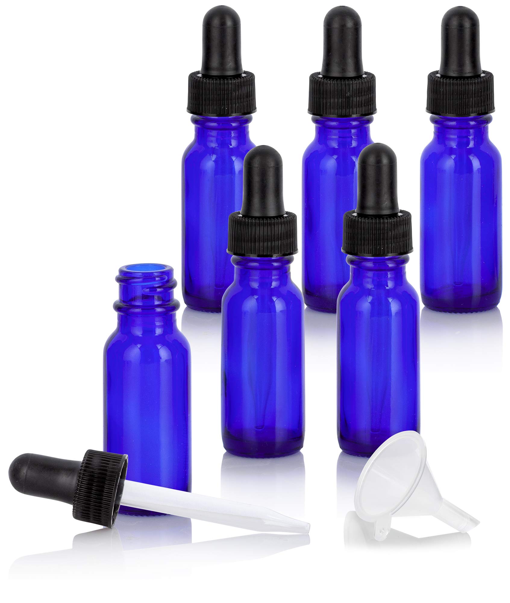 JUVITUS 6 Pack 0.5 oz (15ml) Cobalt Blue Glass Bottles with Black Dropper & Funnel - Essential Oil, CBD, DIY Beauty, Aromatherapy Storage Solution