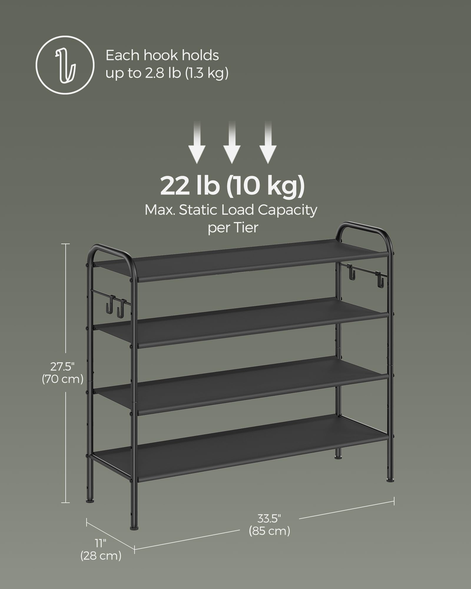 SONGMICS 4-Tier Fabric Shoe Rack Organizer with 4 Hooks - Holds 20 Pairs of Shoes, Adjustable Height for Entryway, Hallway & Closet - Easy Assembly, Space-Saving Storage Solution - Perfect for Small Apartments & Home Organization (Ink Black)