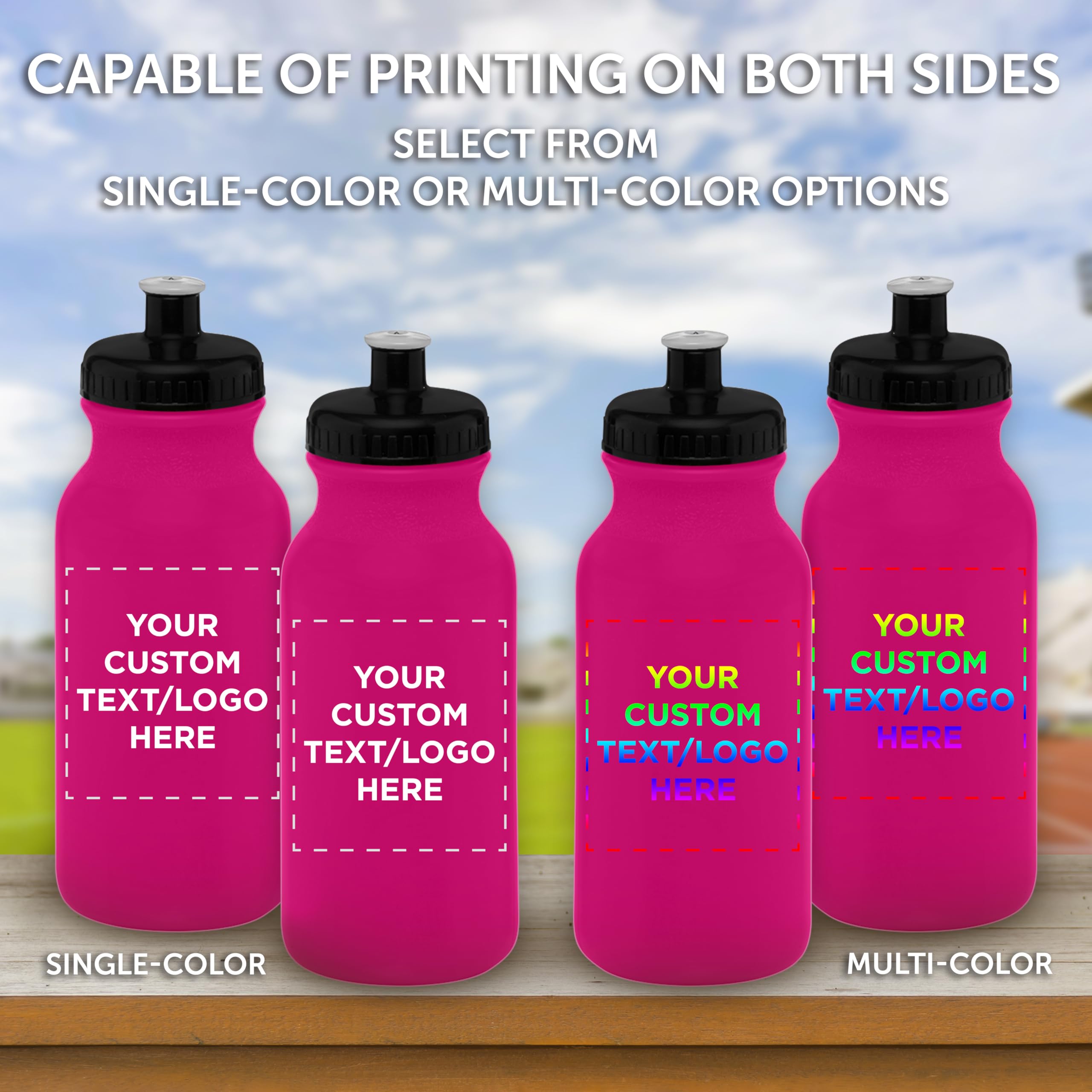 Custom 20 oz. Water Bottles with Push Cap - Bulk Pack of 100 Personalized Neon Pink Sports Bottles - Ideal for Gym, Hiking, Camping & Outdoor Activities - BPA Free Leakproof Design for Workouts, Travel & Sports Events