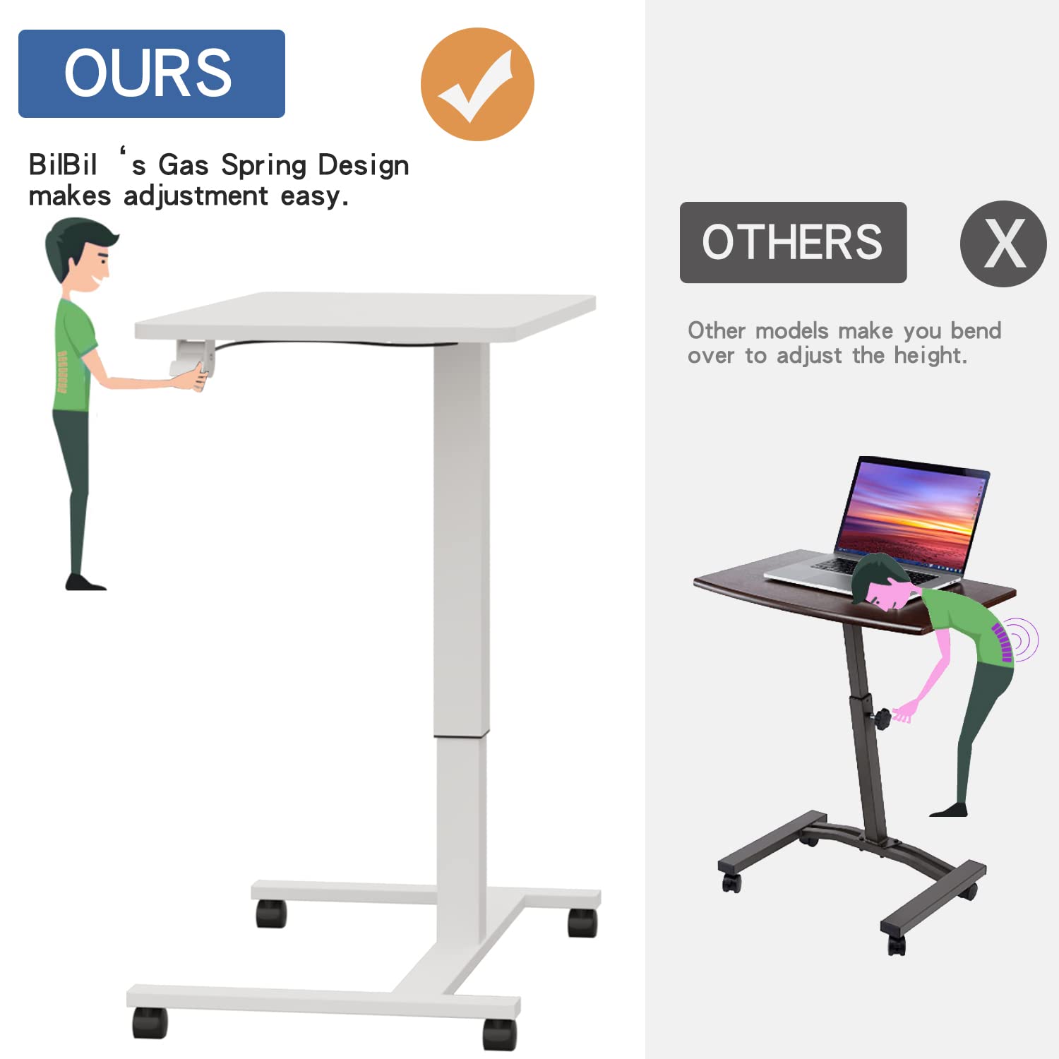 Bilbil Pneumatic Mobile Desk - Gas-Spring Height Adjustable Sit to Stand Workstation with Lockable Wheels | Overbed Laptop Table & Rolling Computer Cart | Portable Work Table for Home Office, Gaming & Study | Perfect for Small Spaces, Bedroom Workspace & Remote Work