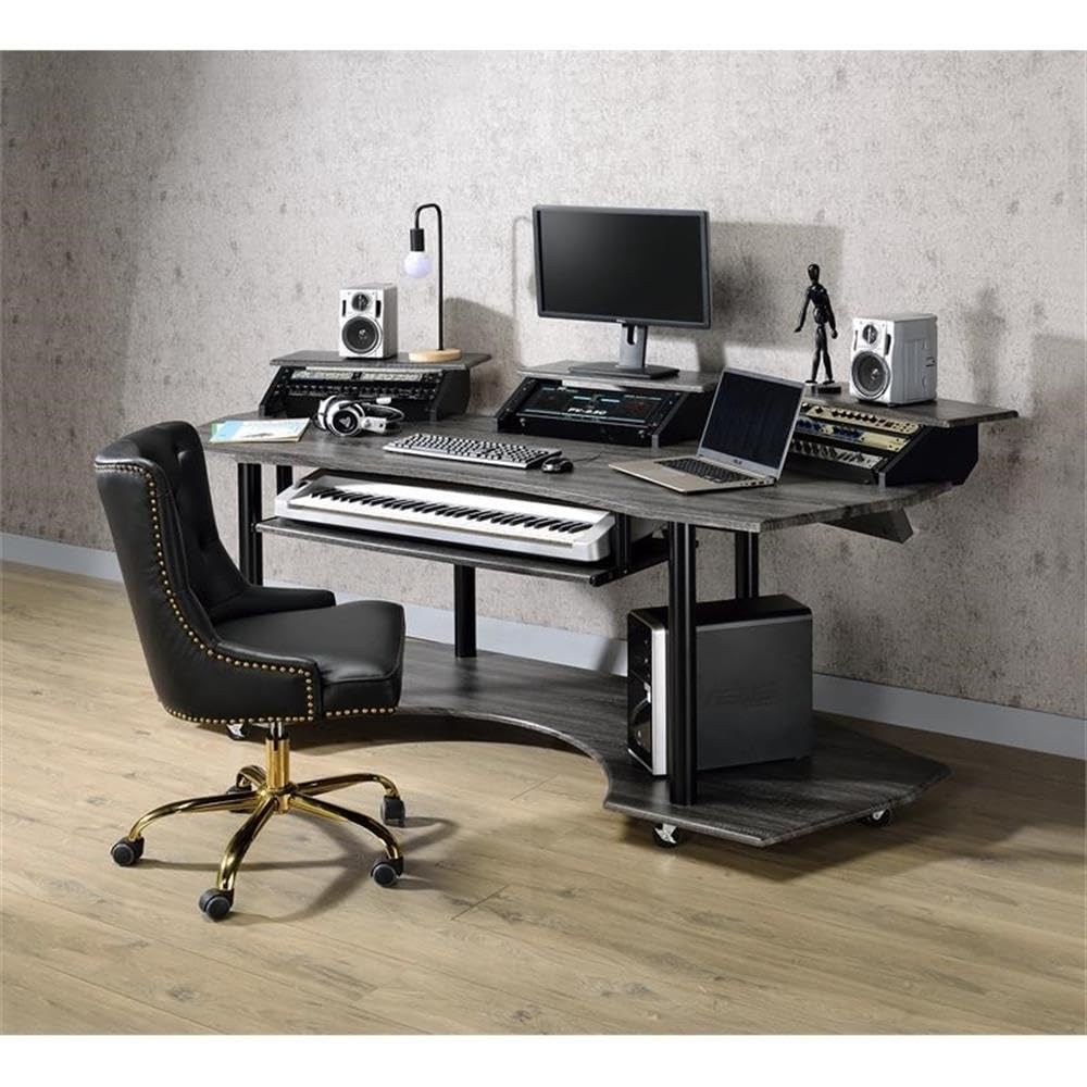 Pemberly Row Black Oak Music Recording Studio Computer Desk with 3 Stands - Perfect for Home Studios, Gaming Setups & Office Workstations