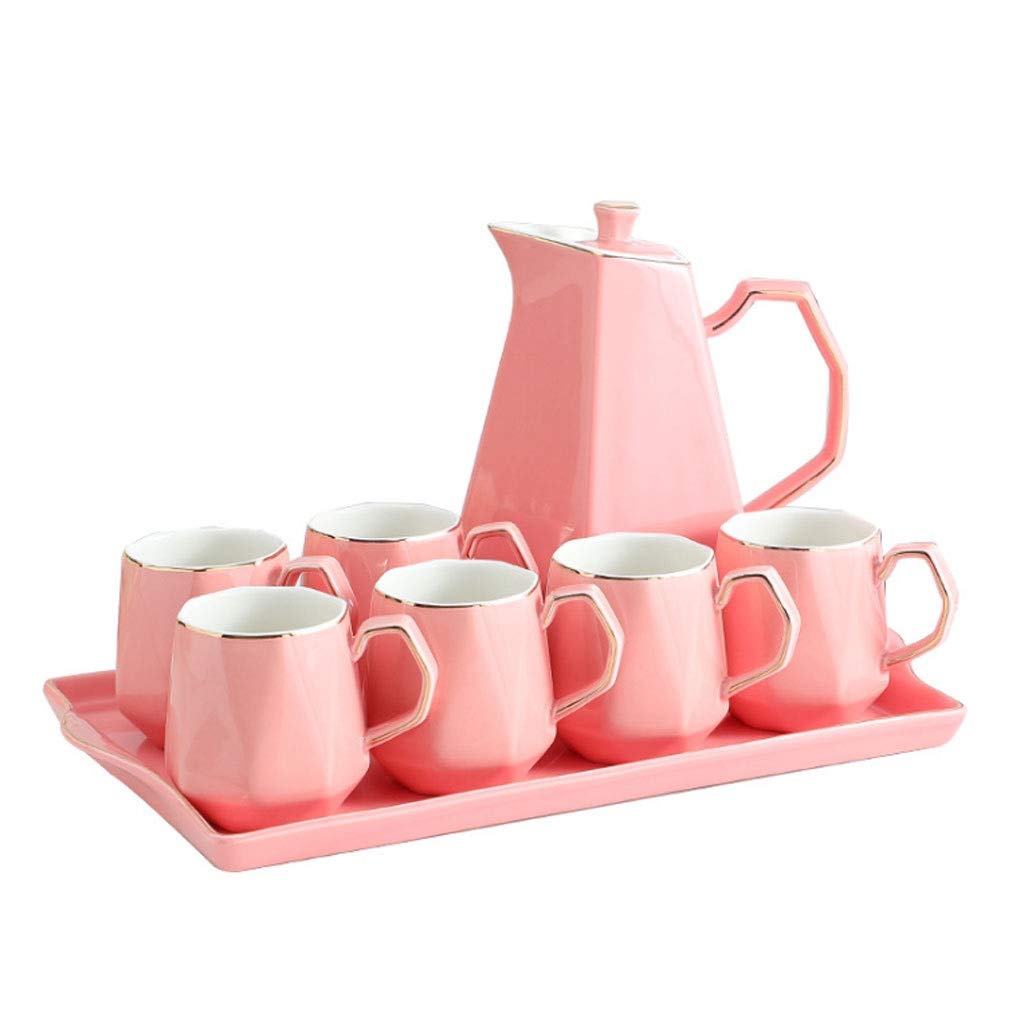 Nordic Rhombus Ceramic Tea & Coffee Set - 6 Cups with Tray, Pink Porcelain Afternoon Tea Service for Home & Kitchen Decor | Perfect for Tea Parties, Bridal Showers & Cozy Gatherings