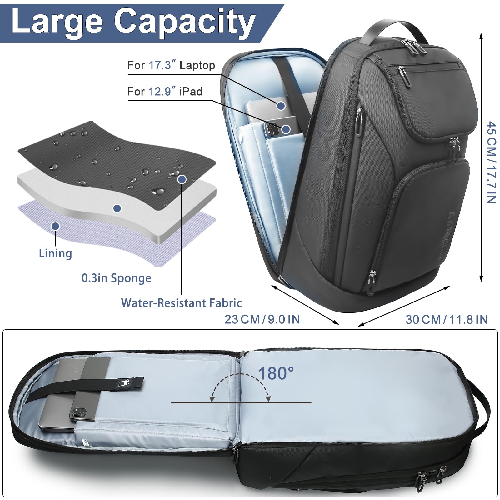 Anti-Theft Business Smart Backpack for Men - 17.3 Inch Laptop Backpack with USB Charging Port, Water-Resistant & Durable 30L Travel Backpack for College, Work & Commuting - Black