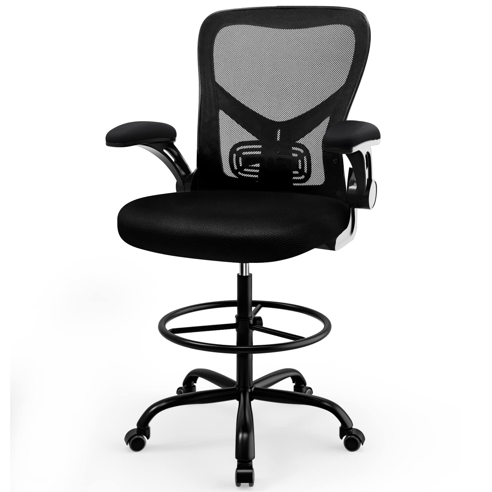 Ergonomic Drafting Chair with Foot Ring & Flip-Up Arms - Adjustable Height Mesh Office Chair for Standing Desks - Comfortable Computer Task Chair for Home & Office Use - Perfect for Architects, Designers & Long Work Sessions - Black