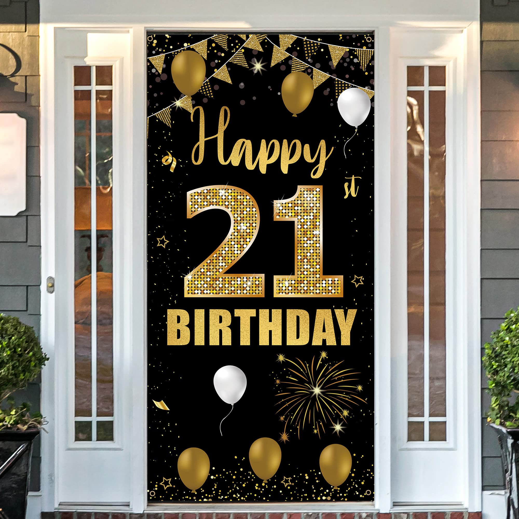 Black Gold Happy 21st Birthday Door Banner & Backdrop - Durable 21st Birthday Decorations for Women & Men - Photo Booth Props for Indoor/Outdoor Parties - Perfect for 21st Birthday Celebrations, Milestone Parties & Instagram Photos