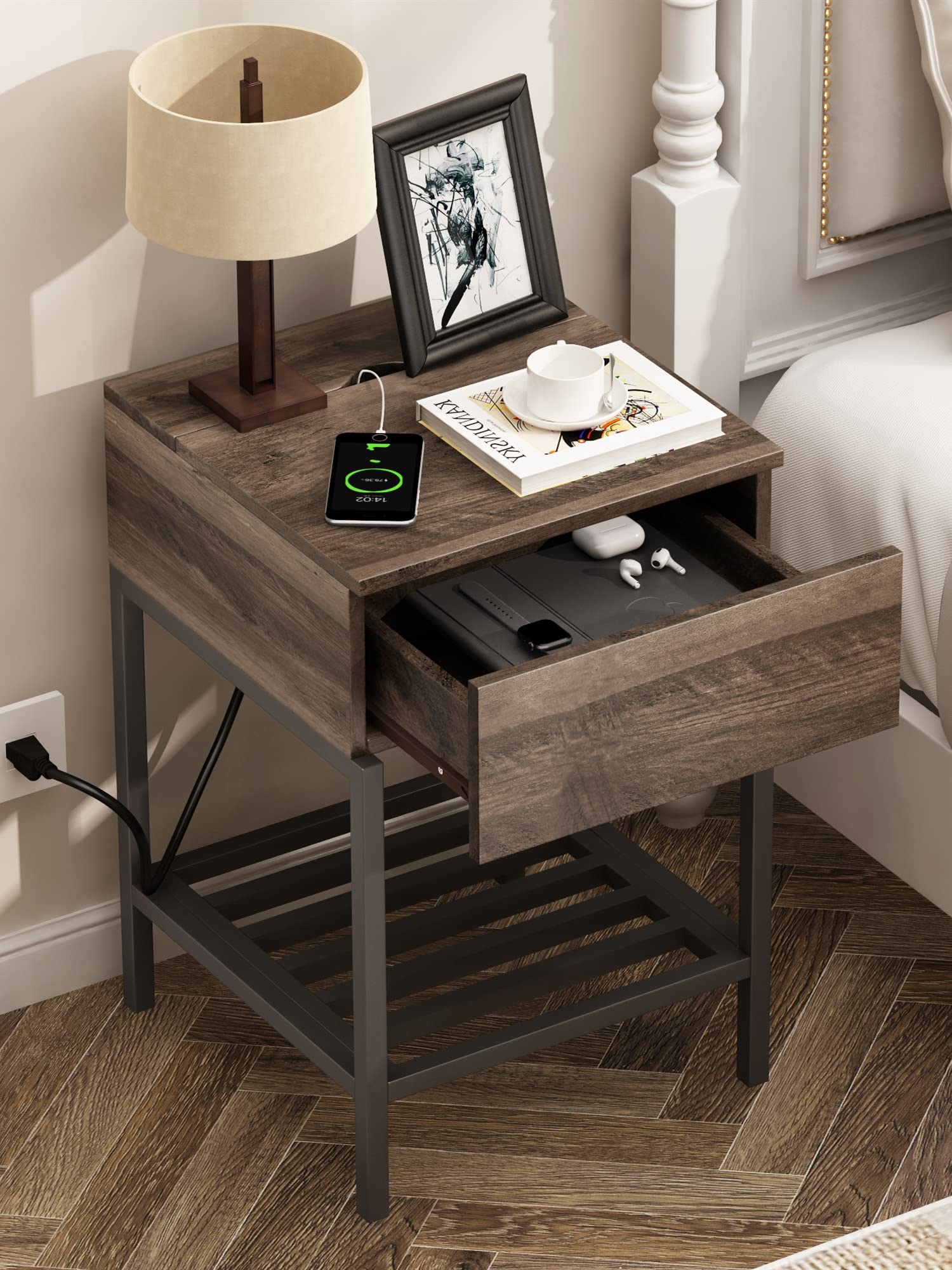 Rustic Grey Nightstand with Charging Station & USB Ports - 2 Pack Bedside Table with Drawer & Metal Shelf for Small Spaces | Perfect for Bedroom, Apartment, Dorm Room | Compact End Table with Convenient Device Charging