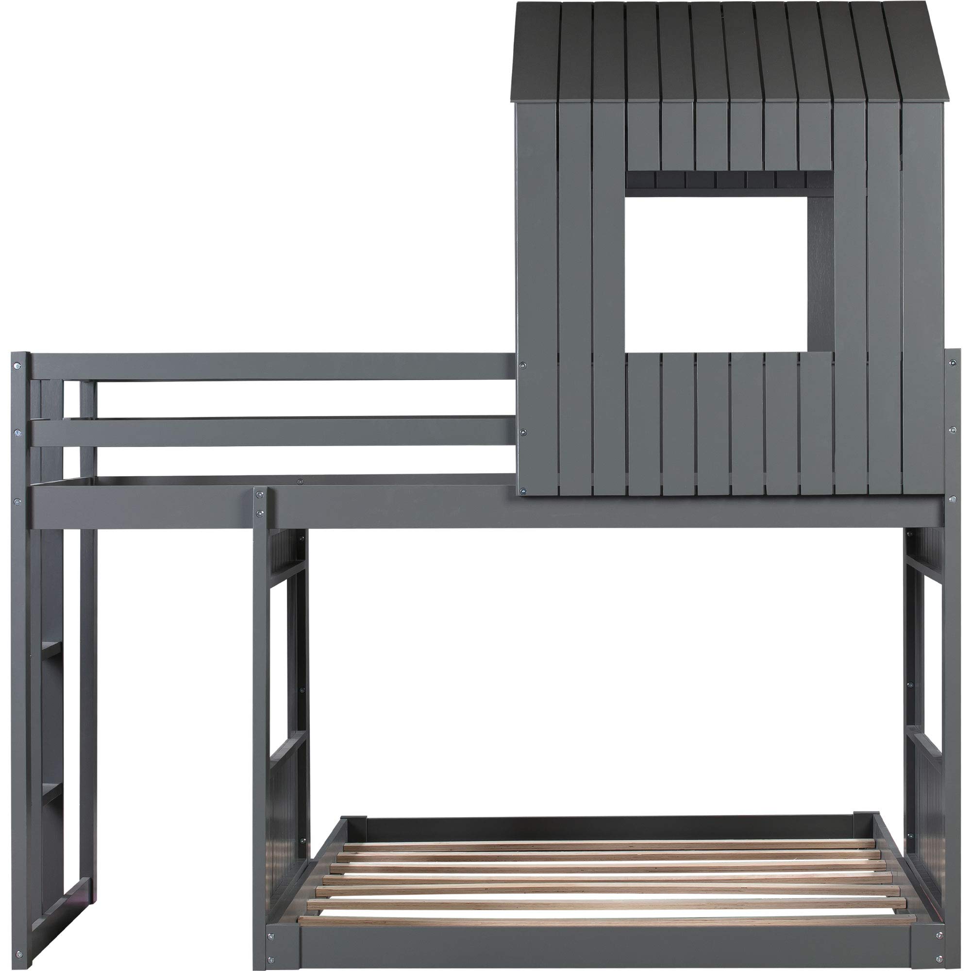 Twin Over Full Bunk Bed with Playhouse - Solid Wood Loft Bed for Kids with Ladder & Safety Guardrails - Space-Saving Farmhouse Design for Boys & Girls Bedroom (Gray) - Perfect for Small Rooms, Shared Kids' Spaces & Sleepovers