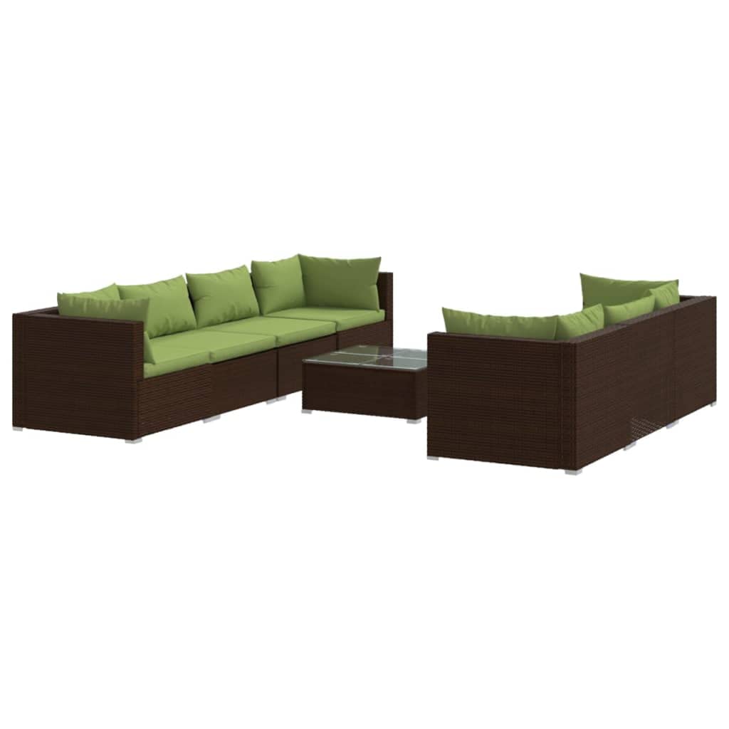 8-Piece Patio Lounge Set with Cushions - Comfortable Outdoor Furniture, Modular Design, Weather-Resistant Poly Rattan & Steel Frame in Brown/Green - Perfect for Garden, Poolside, and Backyard Relaxation
