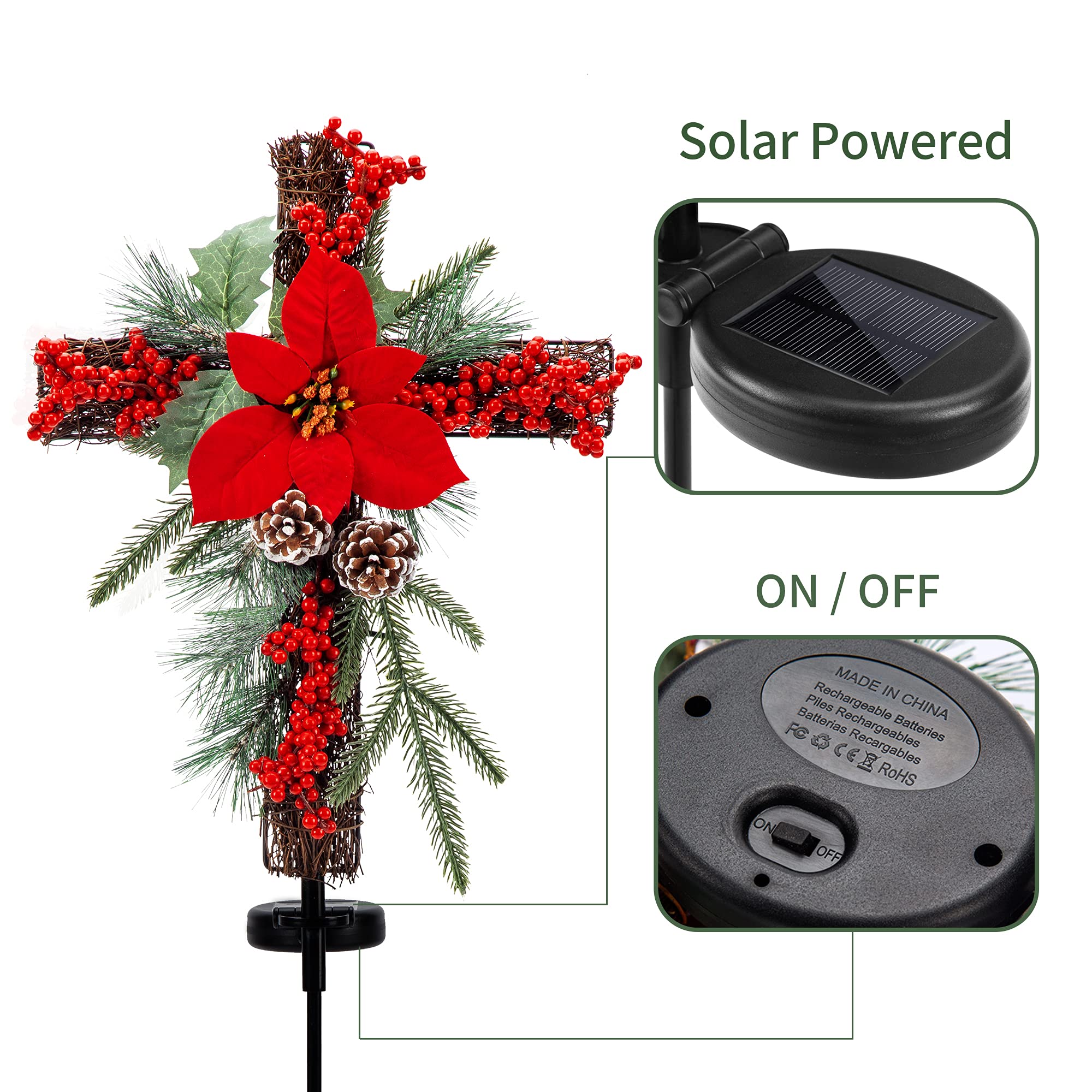 Outdoor Solar Christmas Decorations LED Lights - Waterproof Cross Stake for Garden, Lawn, Yard & Cemetery - Set of 2 with Faux Pine Cones & Foliage - Perfect for Holiday Grave Decorations & Festive Outdoor Lighting