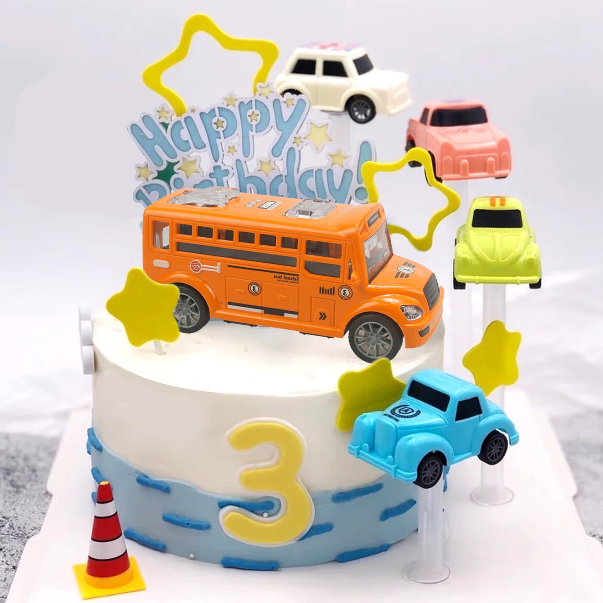 18pcs Car Cake Toppers - School Bus, Race Car & Windmill Vehicle Figures for Boys Birthday Party Decorations | Cute Car Theme Cake Decor for Kids Birthday, Baby Shower & School Celebrations