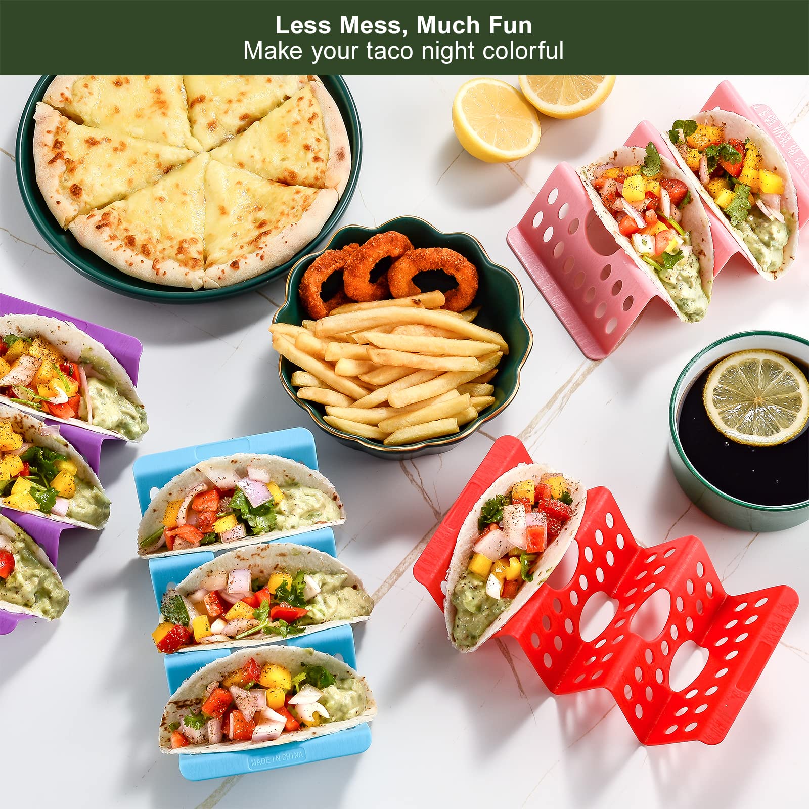 7PCS Colorful Taco Holder Stands - Set of 6 or 4 Premium Large Taco Tray Plates | Holds 2-3 Tacos Each | BPA Free, Dishwasher & Microwave Safe | Perfect for Taco Tuesday Parties, Mexican Fiesta & Family Gatherings