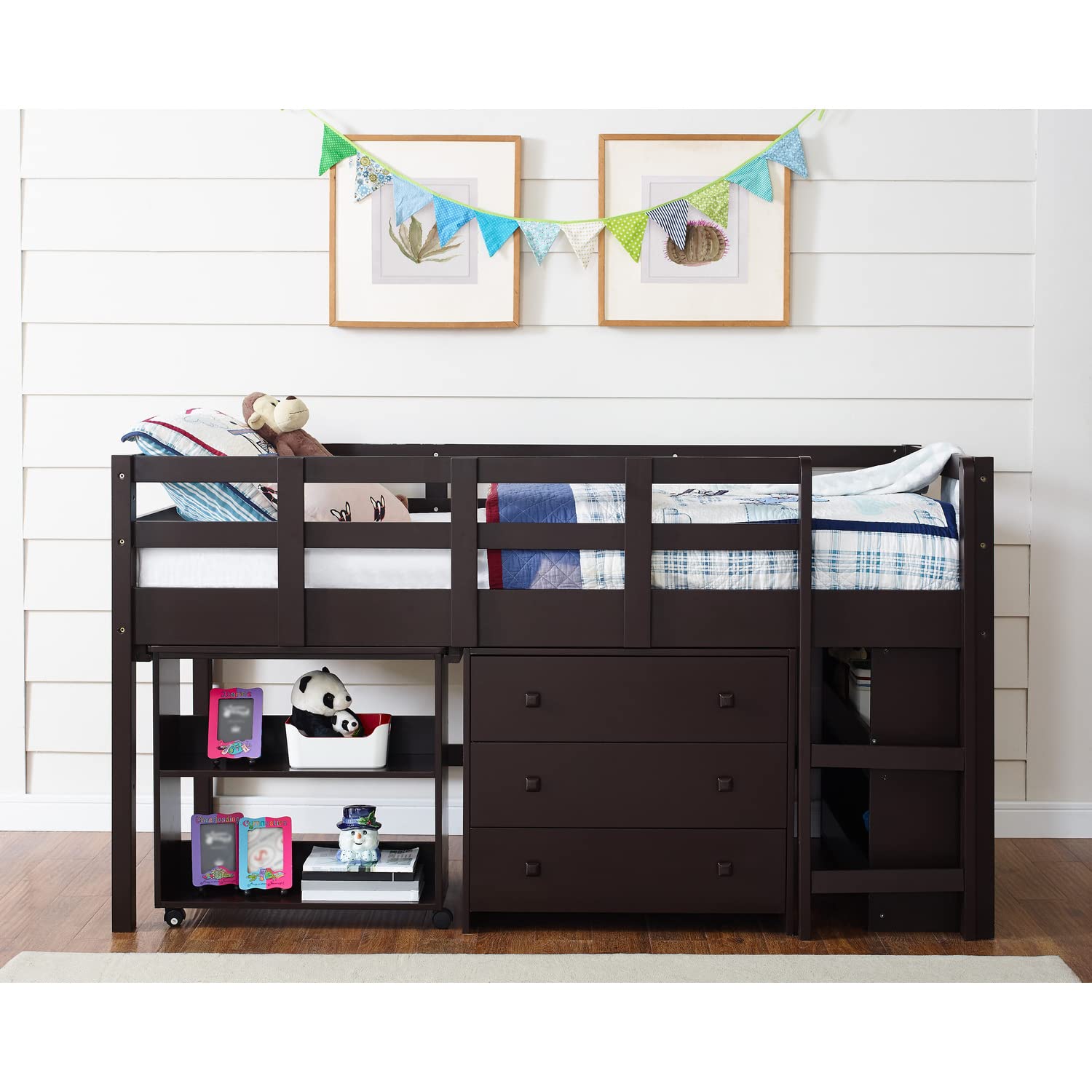 Naomi Home Twin Low Loft Bed with Built-in Study Desk for Kids - Space Saving Wooden Loft Bed with Storage, Espresso Finish - Perfect for Small Bedrooms, Dorm Rooms & Kids Study Areas