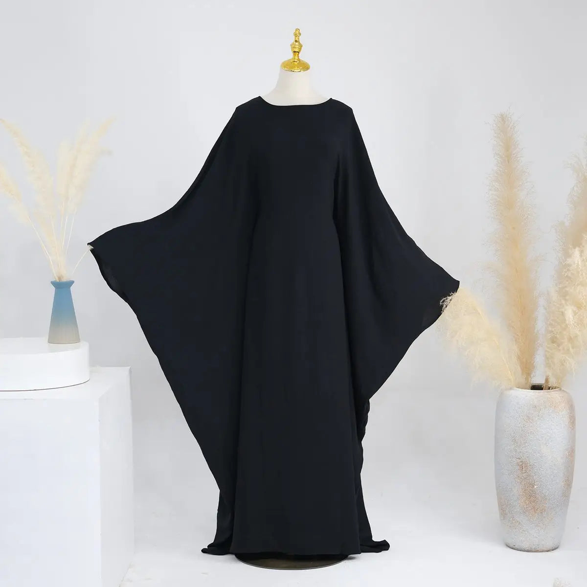 Wrinkle-Free Fabric Batwing Sleeve Farasha Abaya Dress with Inner Belt - Elegant Muslim Women's Prayer Dress for Special Occasions & Daily Wear