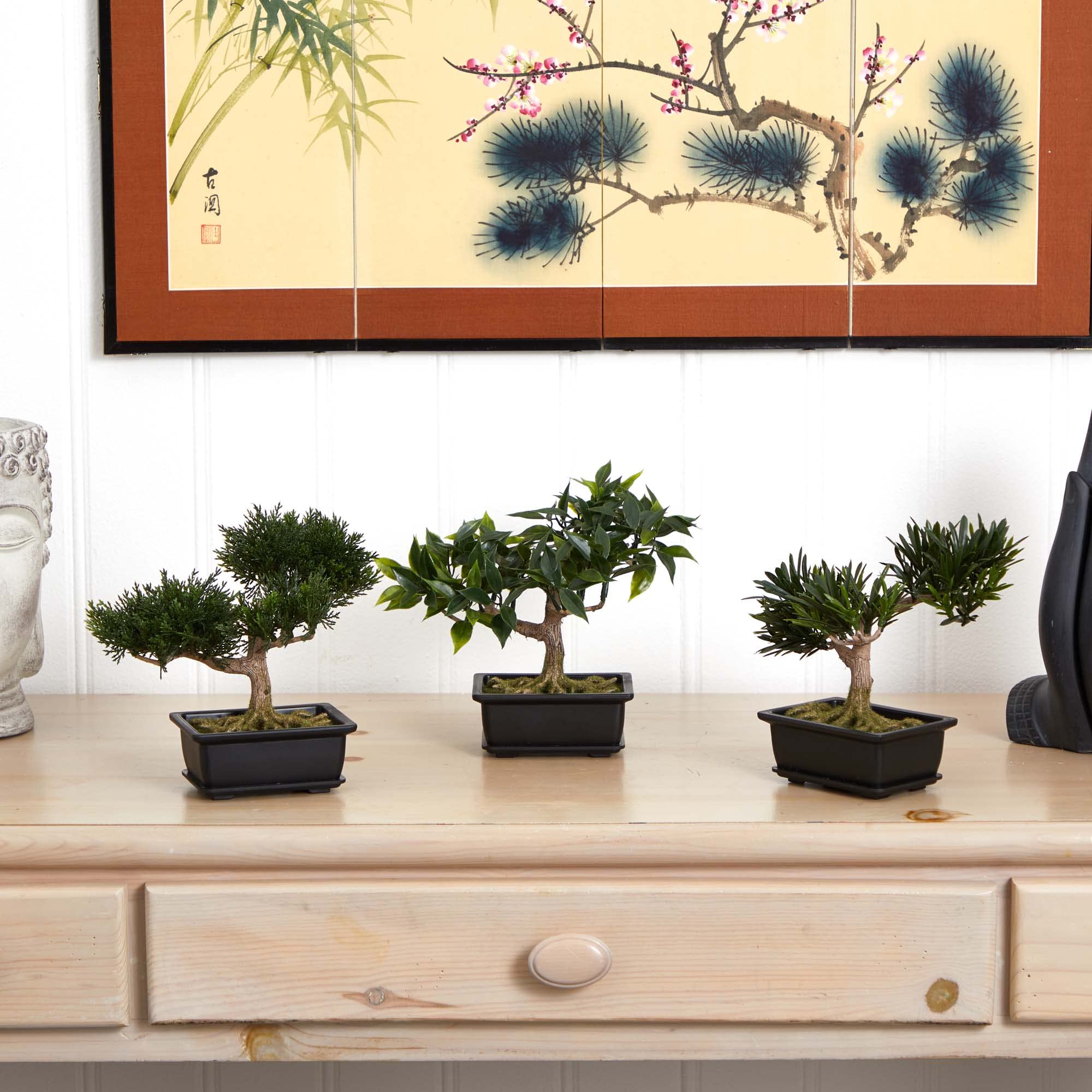 Nearly Natural 8.5 Inch Bonsai Silk Plant Set of 3 - Realistic Artificial Bonsai Trees for Home Office Decor, Zen Garden, Tabletop Display & Asian-Inspired Interior Design