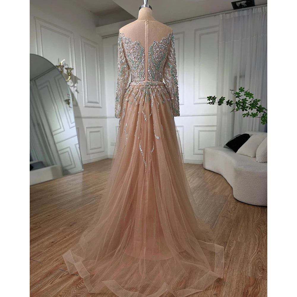 Elegant Muslim Mermaid Evening Gown with Beaded Overskirt & High Slit - Long Formal Dress for Women - Wedding, Prom, Gala & Special Occasions - Serene Hill Collection LA71995