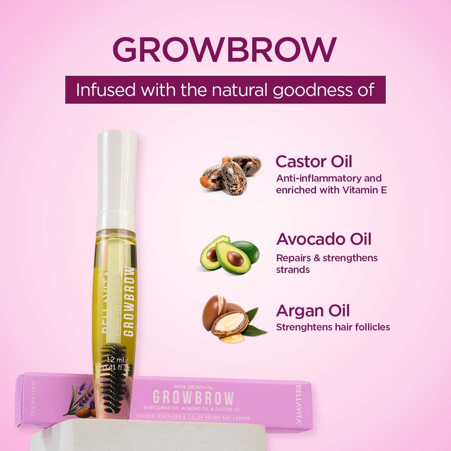 Bella Vita Organic Growbrow - Natural Eyelash & Eyebrow Growth Serum with Castor Oil, Onion Oil & Vitamin E | 12ml | Enhance Lash & Brow Volume | Perfect for Daily Beauty Routine & Special Occasions