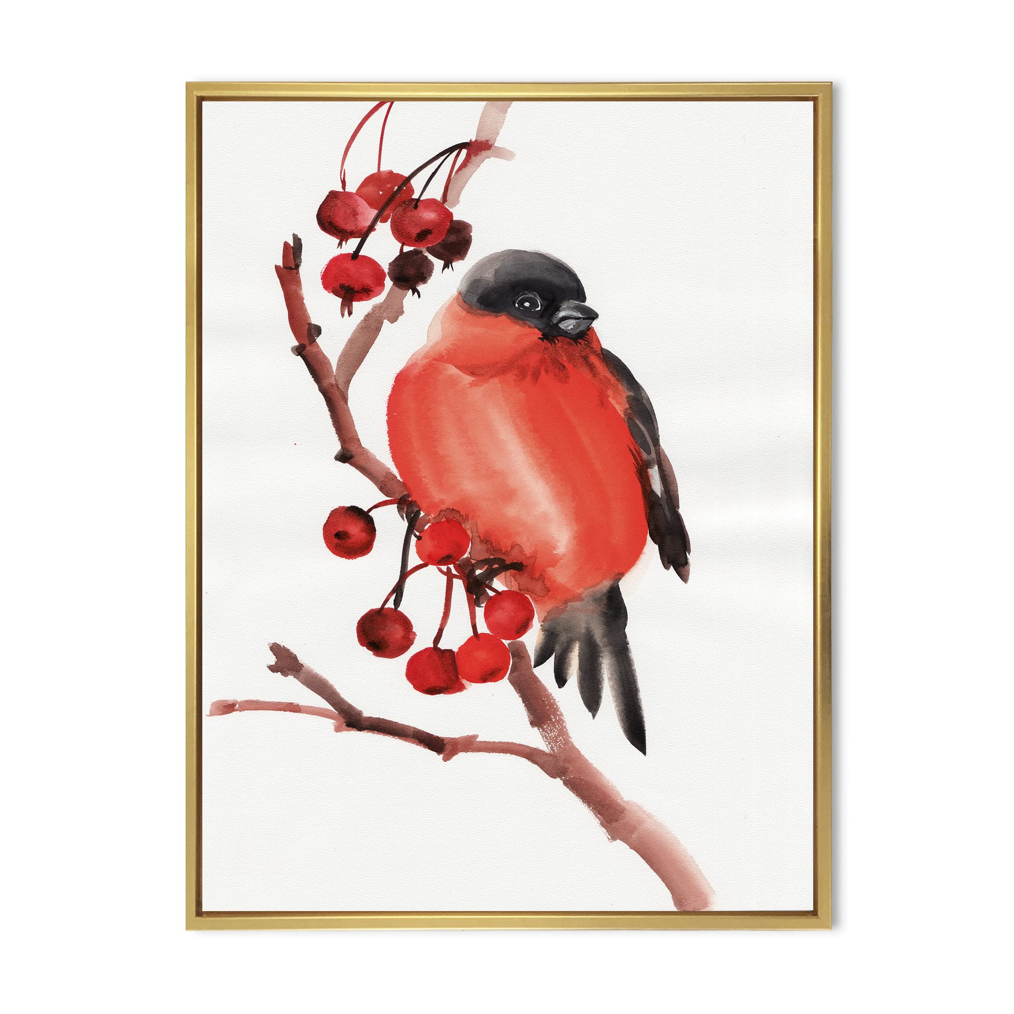 DesignQ Red Bullfinch Bird on Branch with Berries - Traditional Framed Canvas Wall Art Print for Living Room, Bedroom & Office Decor