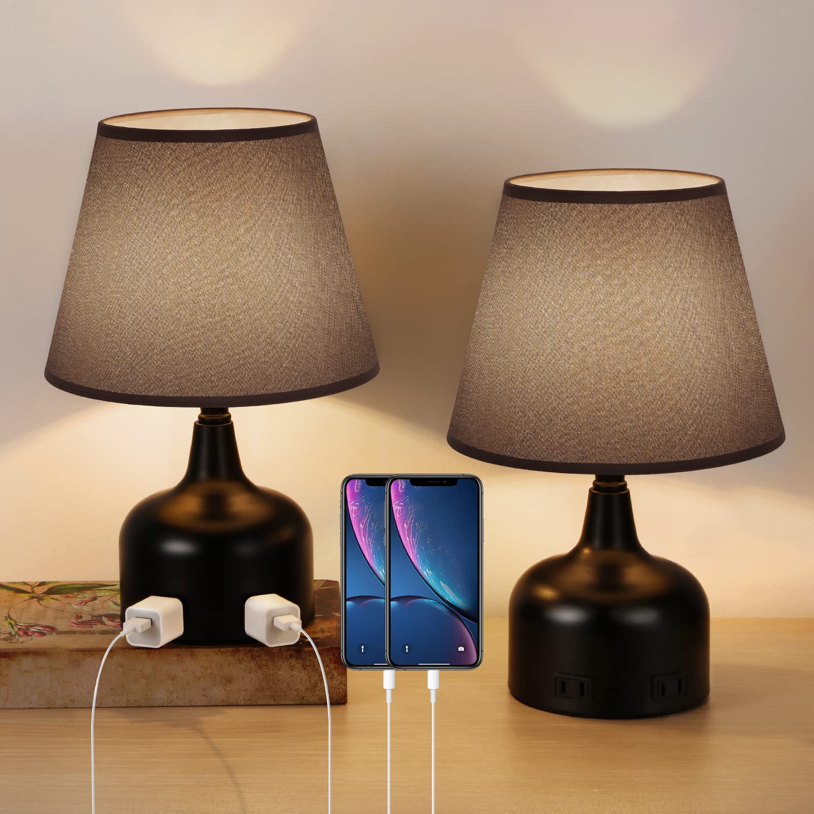 CADUKE Touch Control Bedside Lamp Set of 2 - Grey Fabric Shade Table Lamps with 2-Prong AC Outlet, Nightstand & Desk Lamps for Bedroom, Living Room, Office, Dorm, and Nursery (No Bulbs Included)