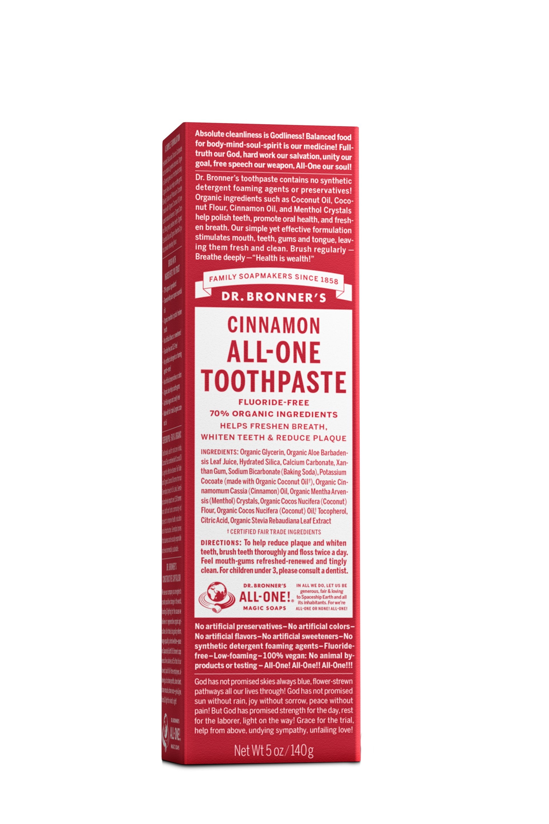 Dr. Bronners All-One Organic Cinnamon Toothpaste – Natural Fluoride-Free Toothpaste for Sensitive Teeth & Fresh Breath – Ideal for Travel & Daily Oral Care