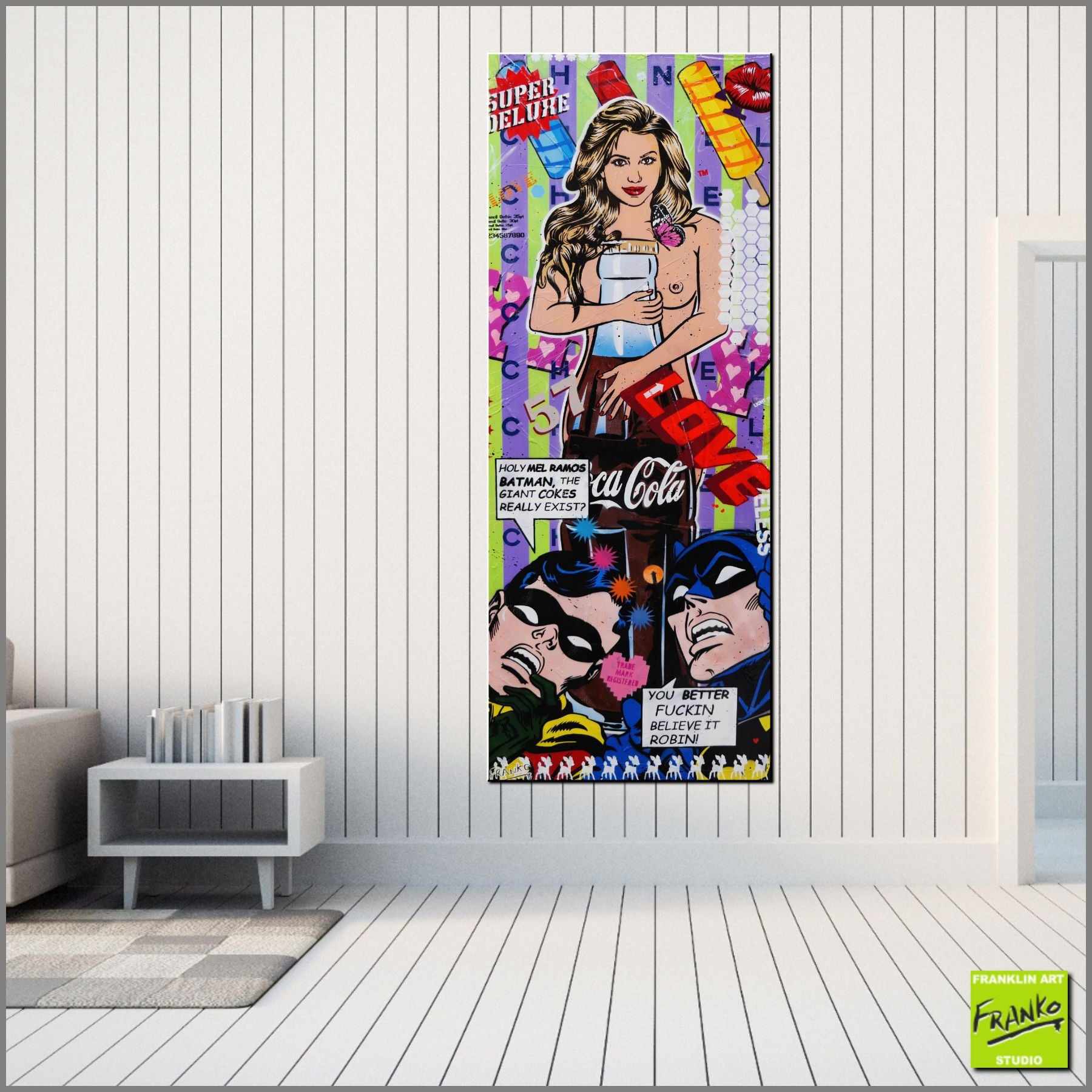 Batman & Robin CocaCola Pop Art Painting - 200cm x 80cm Urban Textured Wall Art for Living Room & Bedroom Decor | Simply Glamour Collection