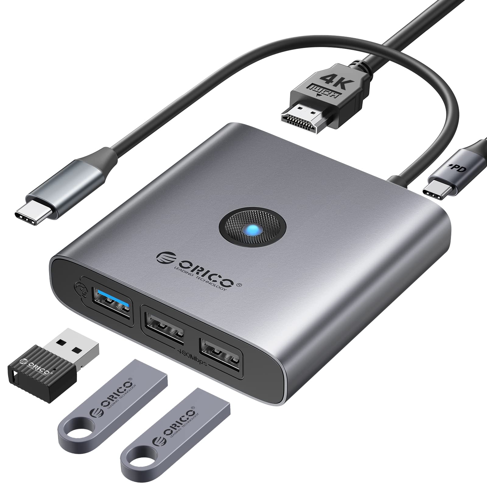 ORICO 5-in-1 USB C Hub with 4K HDMI & 60W PD - for MacBook Pro/Air & Type-C Devices - Home/Office Use