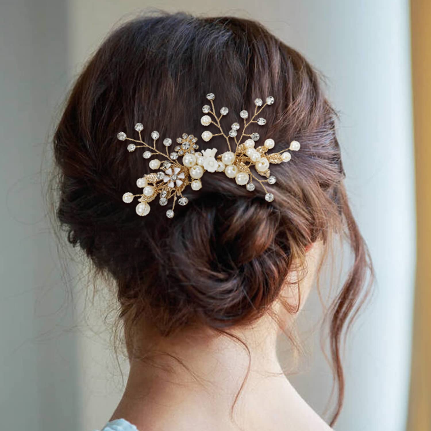 36 Pack Gold Flower Leaf Bridal Hair Combs - U-Shaped Pins & Rhinestone Barrettes for Wedding, Prom, Party - Bridesmaid & Women's Hair Accessories for Updos, Half-Up Styles & Special Occasions