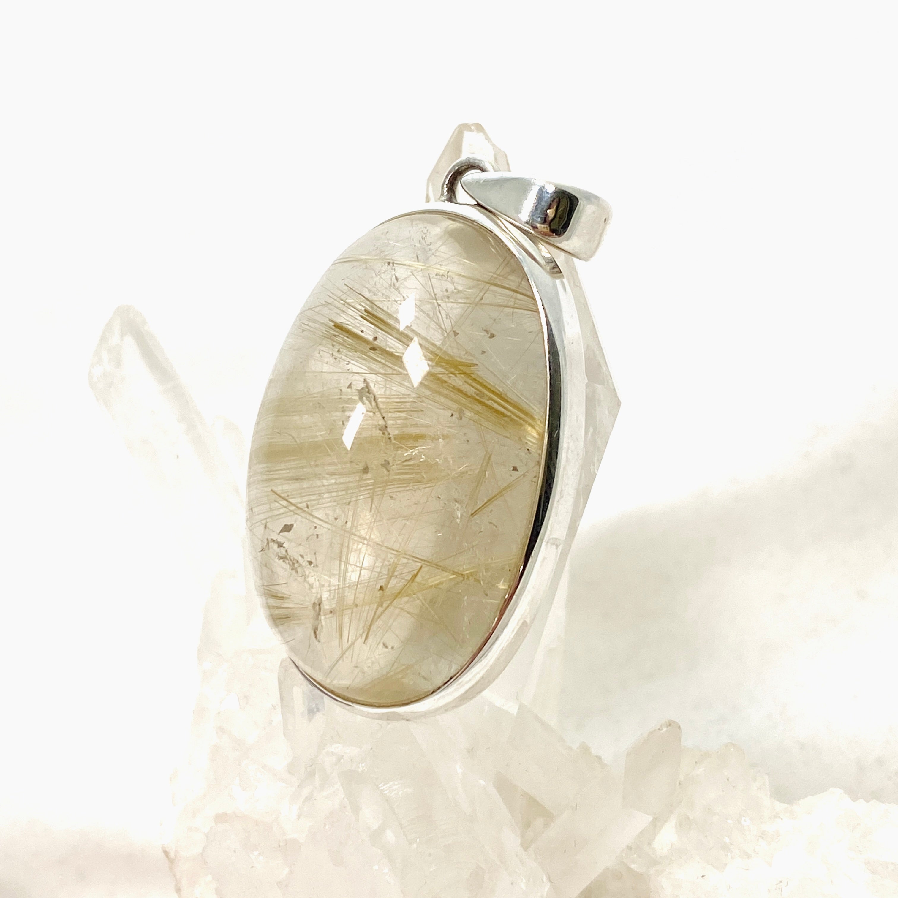 Natural Rutilated Quartz Oval Cabochon Pendant - 925 Sterling Silver Jewelry PPGJ835 for Women's Fashion & Spiritual Healing