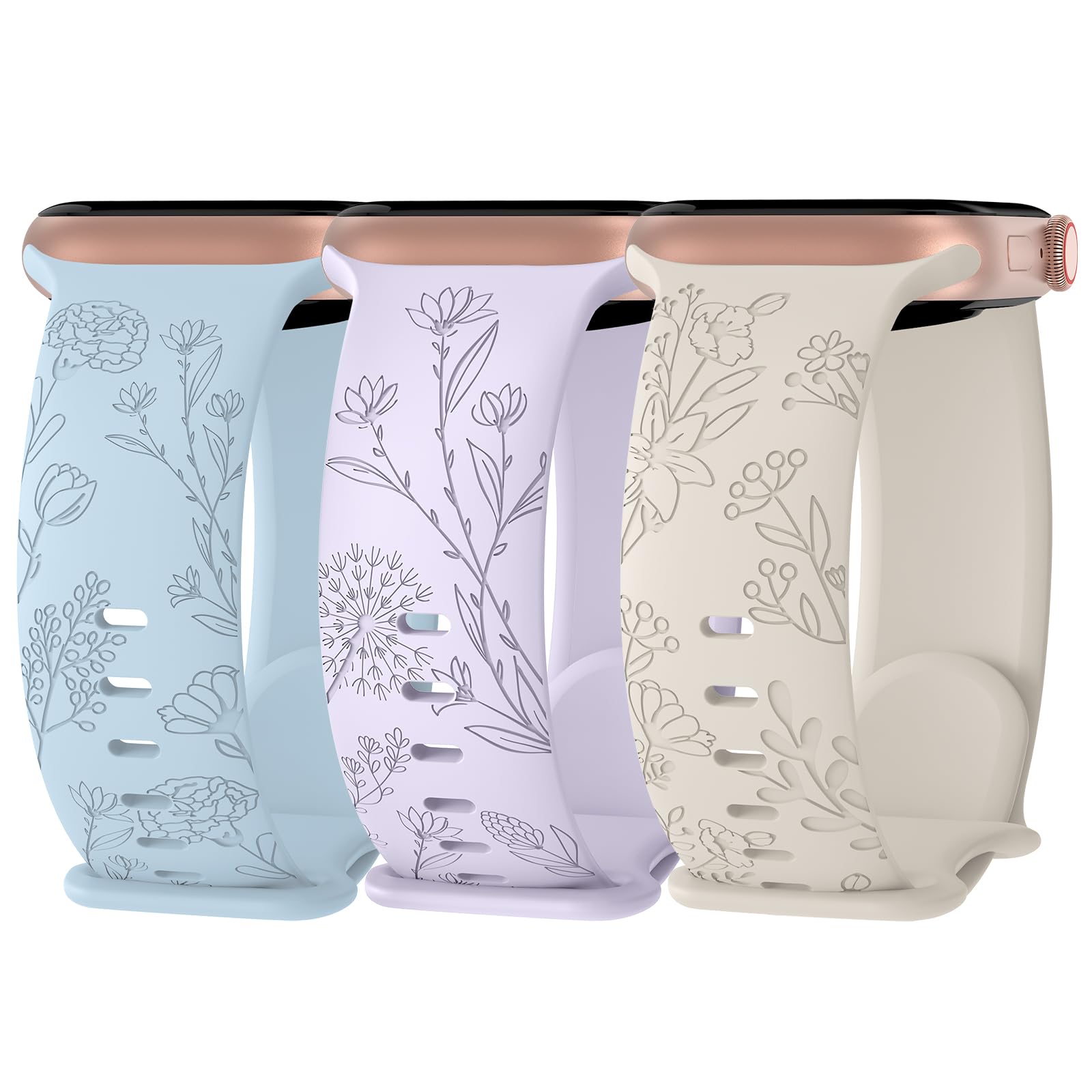 3 Pack Floral Engraved Silicone Bands for Apple Watch 38mm 40mm 41mm 42mm 44mm 45mm 49mm - Soft Sport Wildflower Strap Compatible with iWatch Ultra Series 9/8/SE/7/6/5/4/3/2/1 - Perfect for Women's Workouts, Yoga & Everyday Fashion Accessory