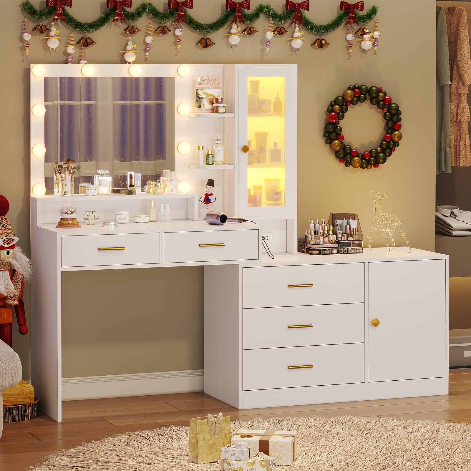 White Makeup Vanity Desk with LED Lights & Mirror - Large Vanity Table Set with 5 Drawers, Storage Shelves, Charging Station & RGB Cabinets - Perfect for Bedroom, Dressing Room & Beauty Salon Organization