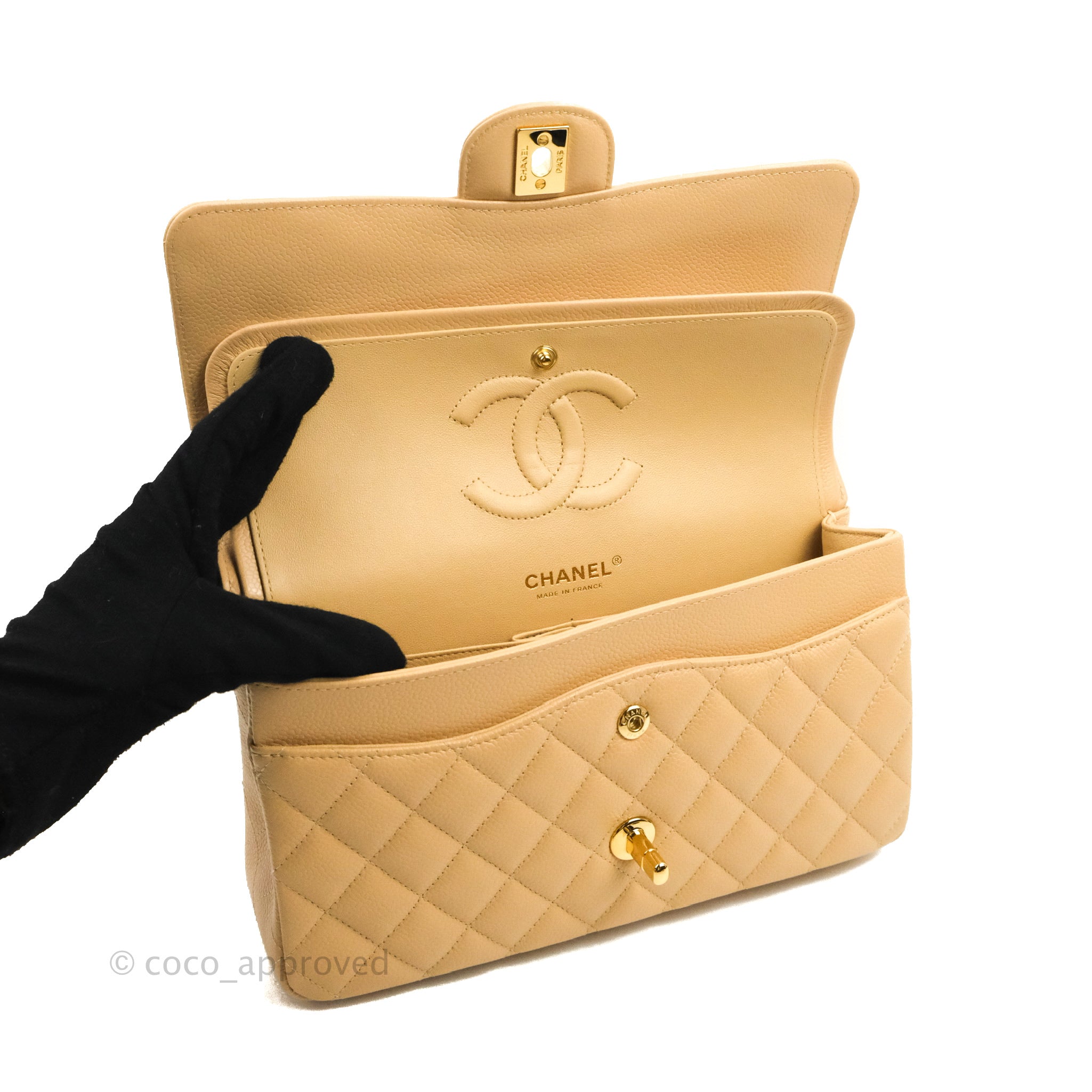 Chanel Classic Medium Flap Bag Quilted Beige Caviar Leather with Gold Hardware - Luxury Crossbody Purse for Women, Perfect for Work, Date Night & Special Occasions