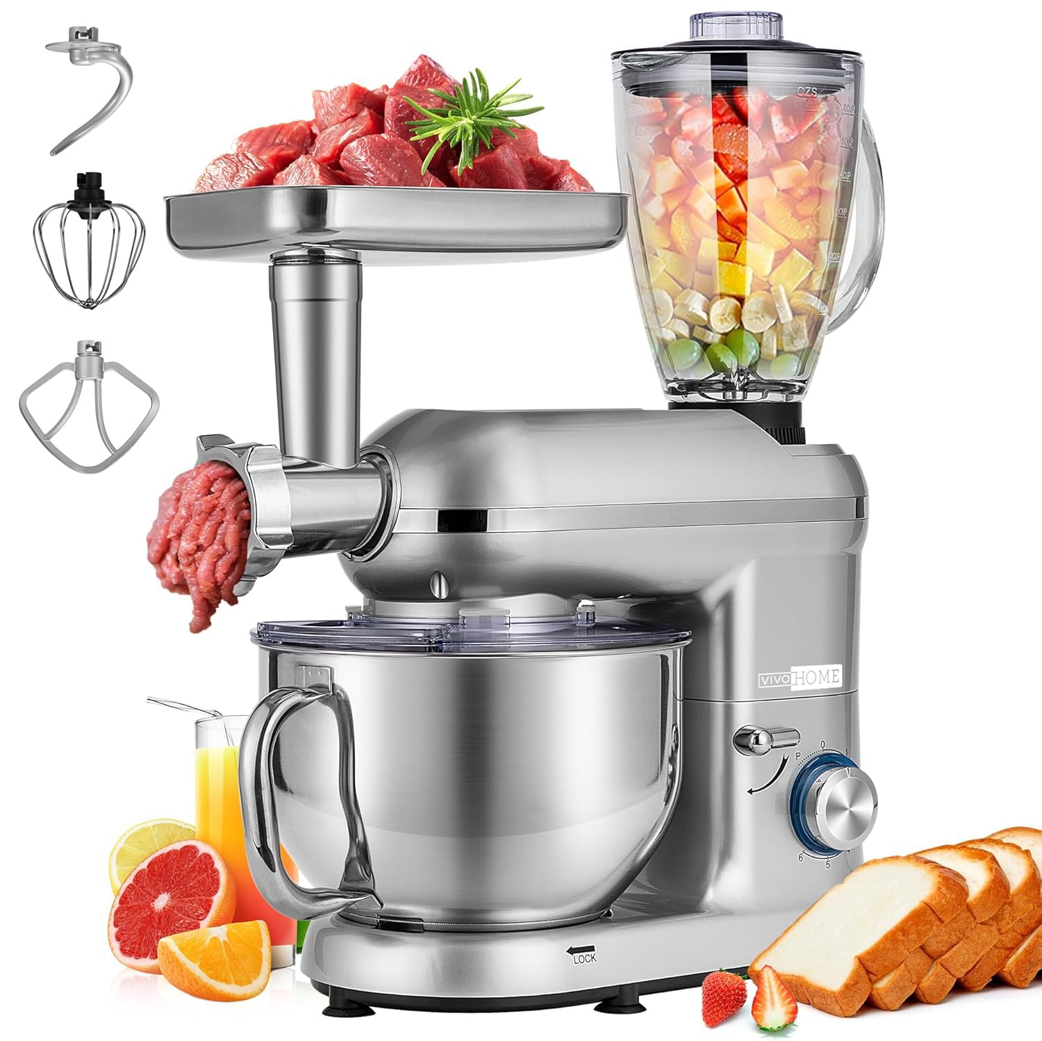 VIVOHOME 3-in-1 Multifunctional Stand Mixer with 6-Quart Stainless Steel Bowl, 650W 6-Speed Tilt-Head Meat Grinder & Juice Blender, Silver - Perfect for Baking, Grinding Meat & Making Smoothies at Home